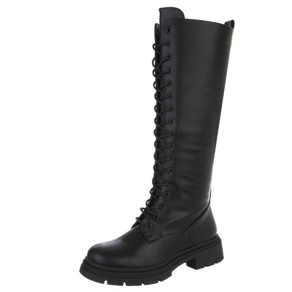 Ital-Design Langer Schnürstiefel für Damen – Komfortabel und stilvoll Plateaustiefel (90109837) Blockabsatz Stiefel in Schwarz