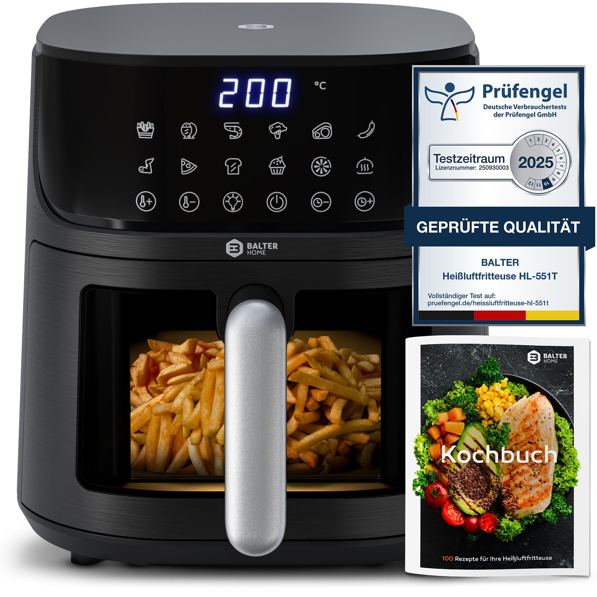 Balter Heißluftfritteuse, 1500 W, Airfryer, 5,5 L, Friteuse Heissluftfritteuse XXL mit Sichtfenster
