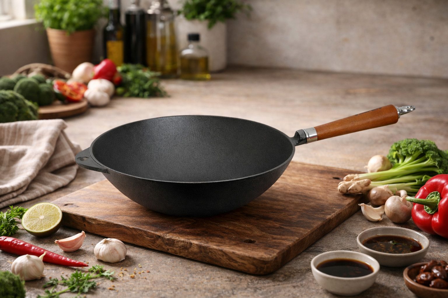 Ronneby Bruk Wok Maestro Wokpfanne, Ø 32 cm, mit Holzgriff, Gusseisen (1-tlg)