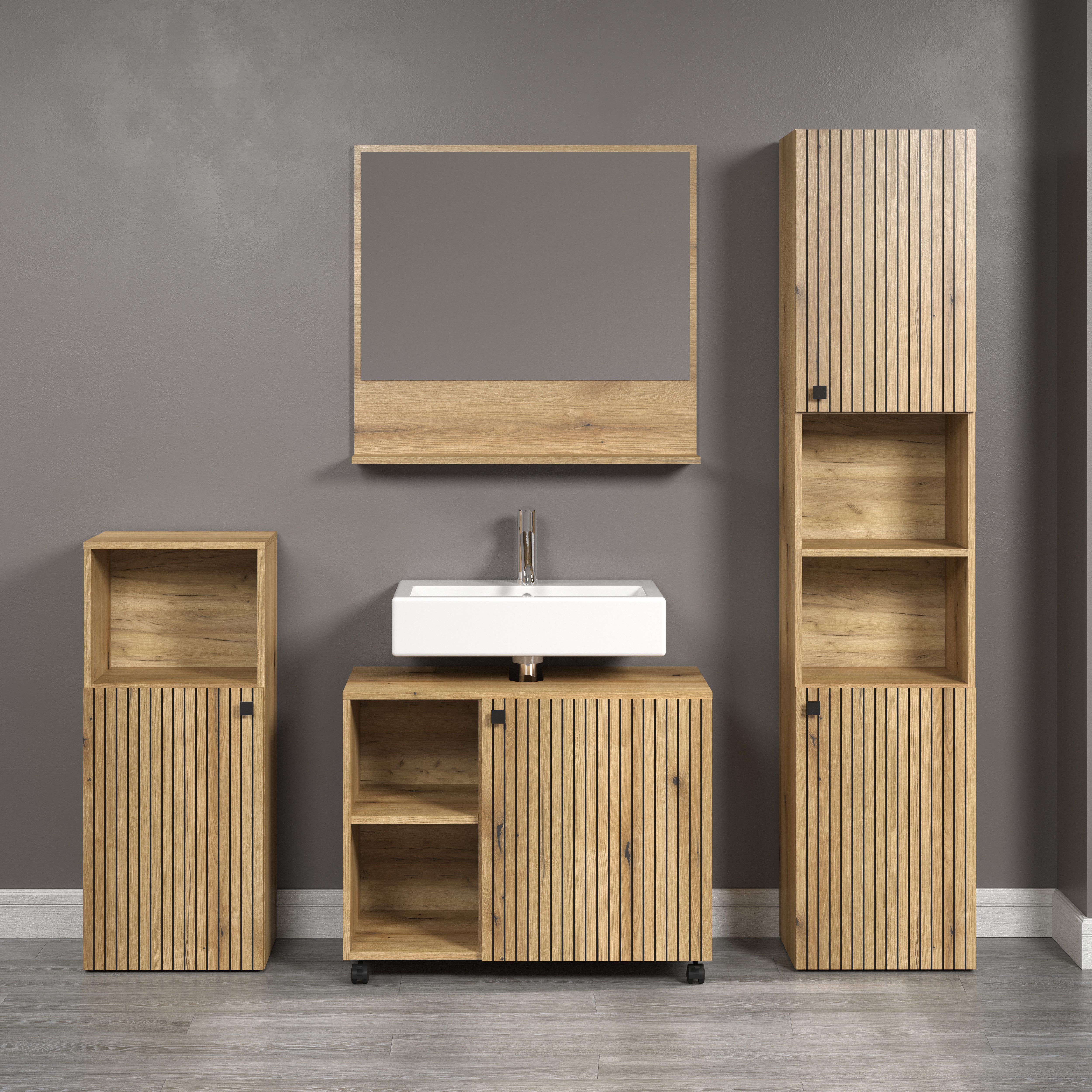 welltime Badmöbel-Set Amrum Waschbeckenunterschrank Spiegel Hochschrank Badschrank, (Komplett-Set, 4-St), 4-teiliges Badmöbel-Set Eiche Rillenoptik - Maße (B/T/H) 180/42/186 cm