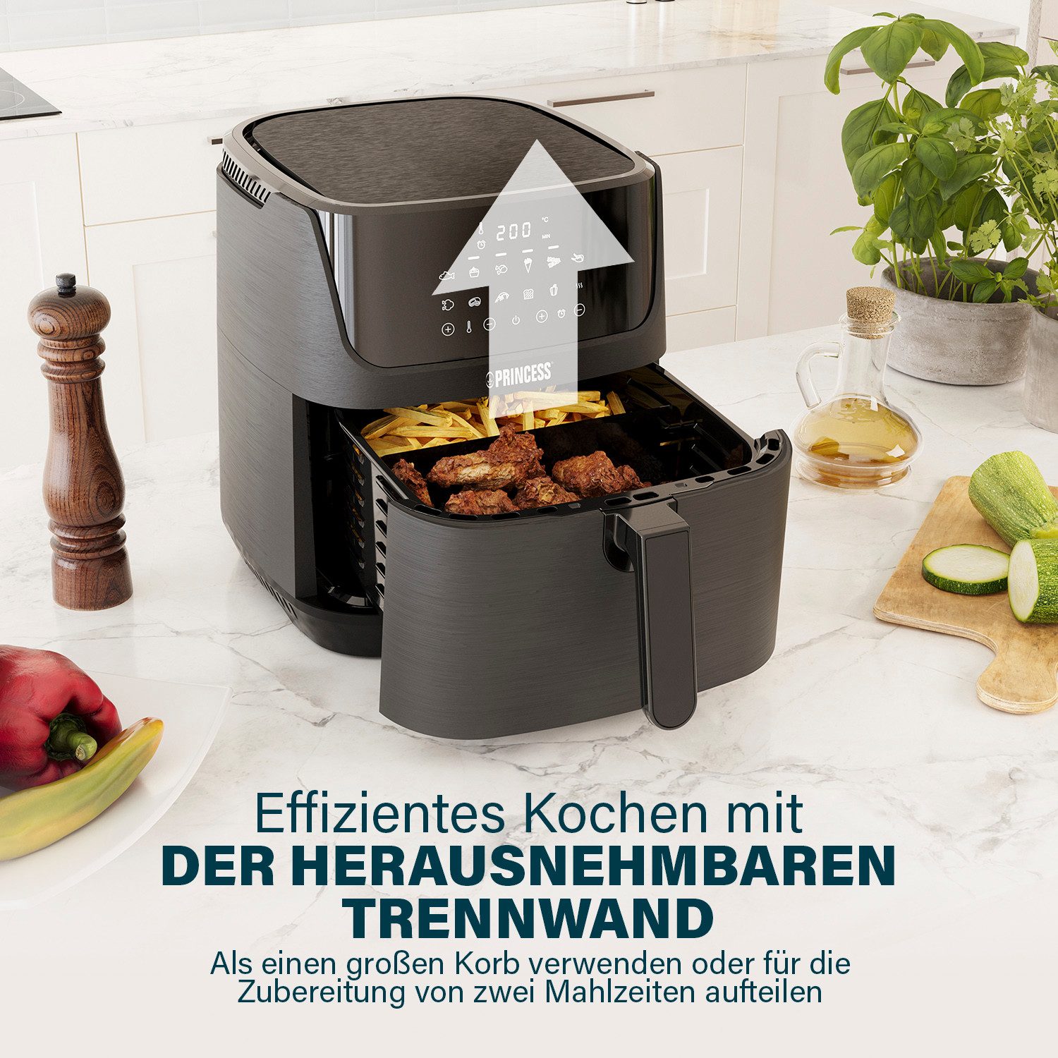 PRINCESS Heißluftfritteuse 182061, 1800 W, mit herausnehmbarer Trennwand