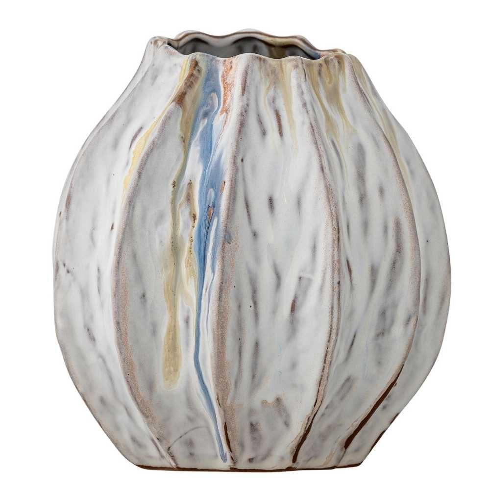 Bloomingville Dekovase Bloomingville VASE FERAY Weiß Streifen Blau Braun Keramik 17x18 cm