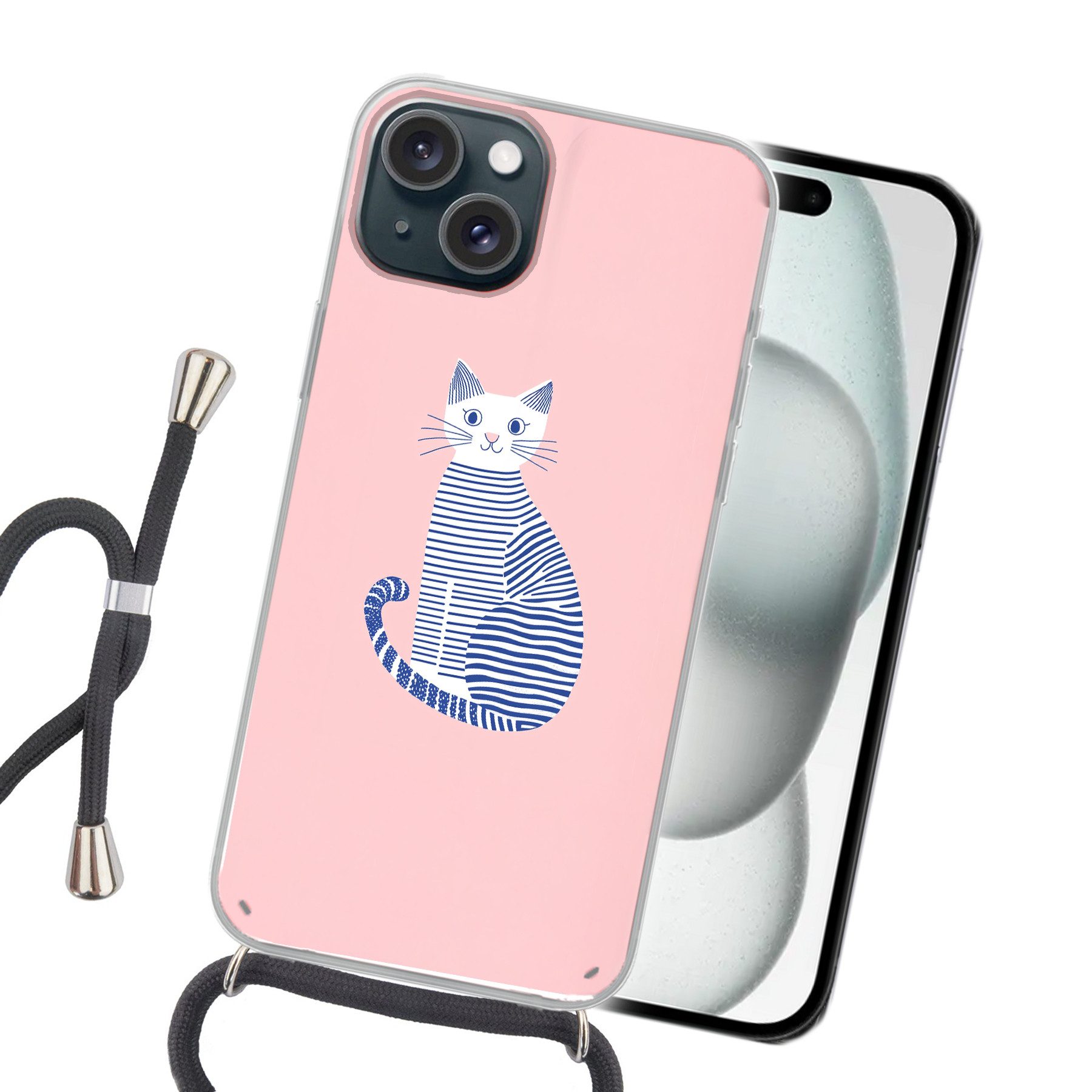MuchoWow Handyhülle für Apple iPhone 15 Plus Katze - Illustration - Minimalistisch - Rosa, Tragbare Handyhüllen mit Kette zum umhängen, Handykette Handyband
