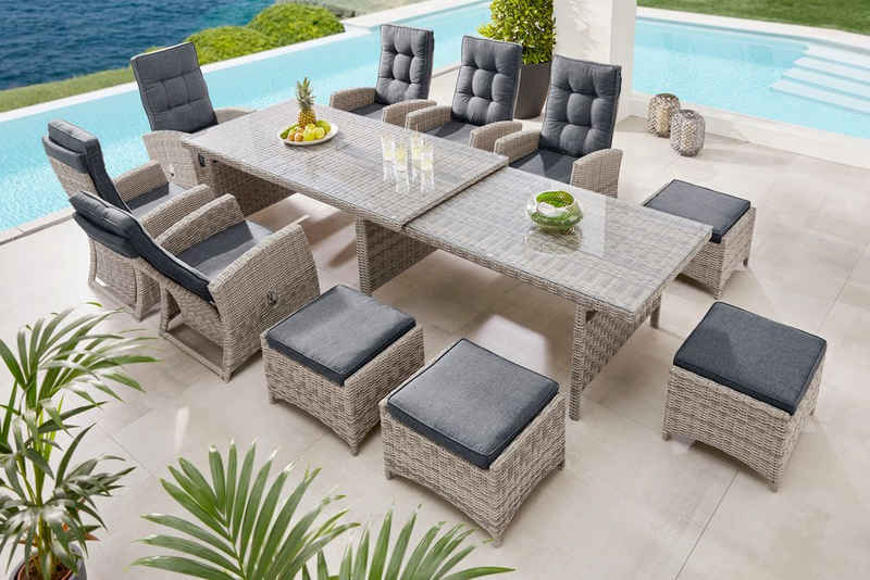 KONIFERA Garten-Essgruppe Monaco, (Set, 27-tlg., 6x Sessel, 4x Hocker, 1x AZ-Tisch 200-366x100x75,5 cm, inkl. Auflagen), für 10 Personen Aluminium, Polyrattan, Rückenlehne verstellbar