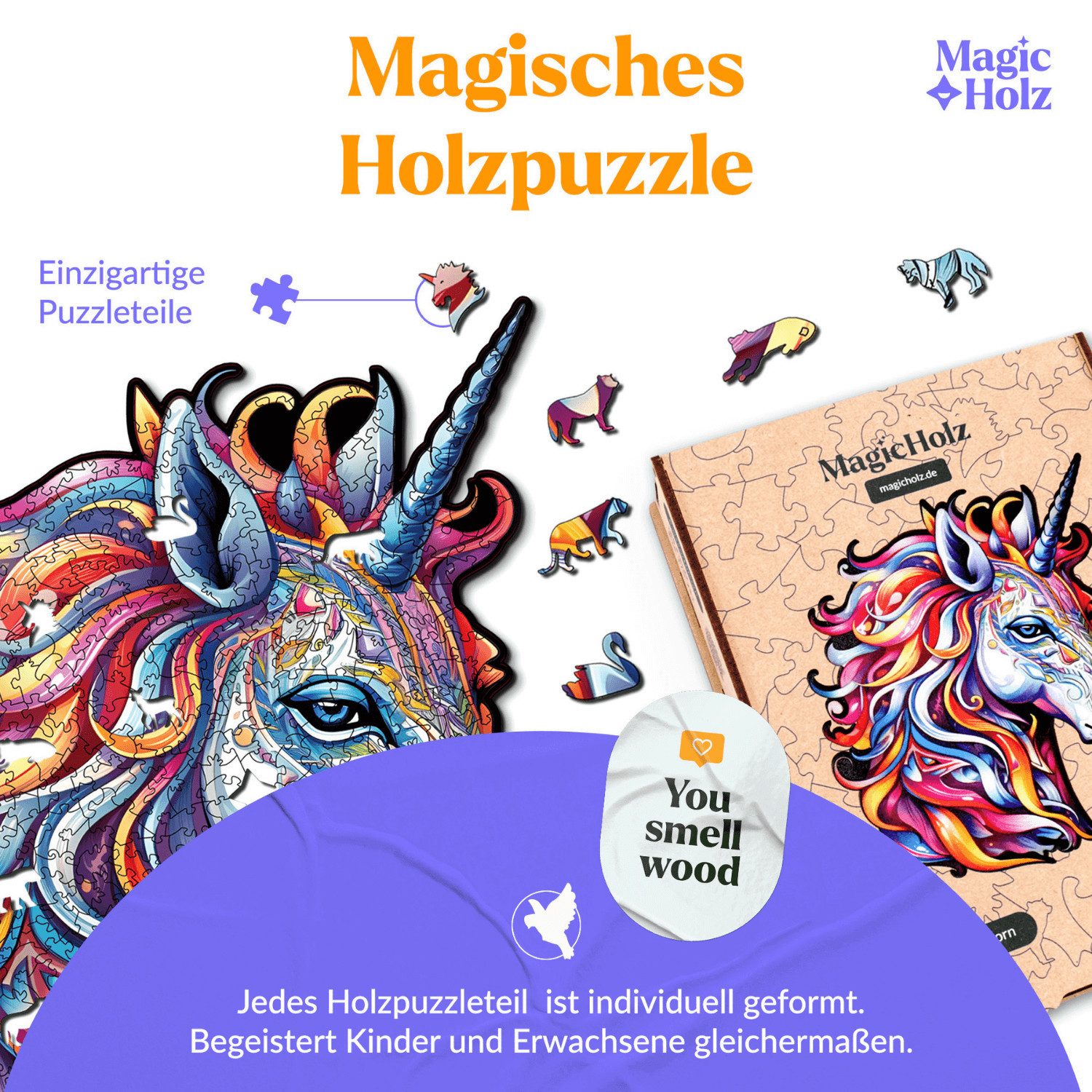 MagicHolz Puzzle Rainbow Unicorn Einhorn Holzpuzzle (2D), 188 Puzzleteile