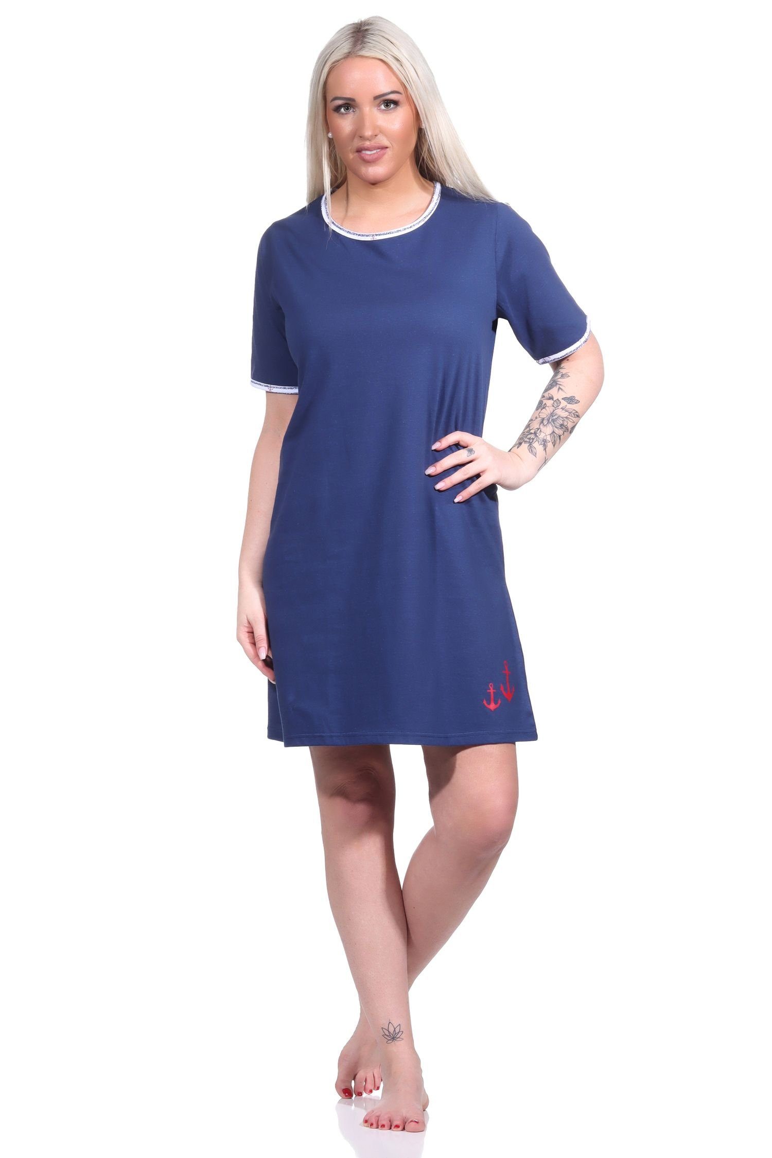 Normann Nachthemd Maritimes Damen Nachthemd, kurzärmliges Bigshirt mit Rundhals marine | Nachthemden