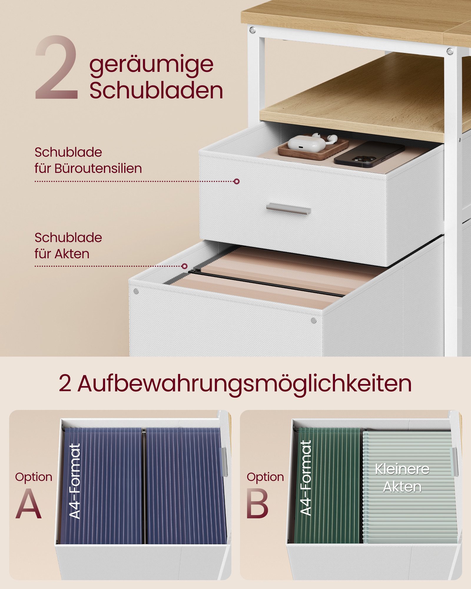 VASAGLE Schreibtisch Computertisch, Bürotisch, mit 3 Ablagen, 2 Schubladen, 140/160 cm