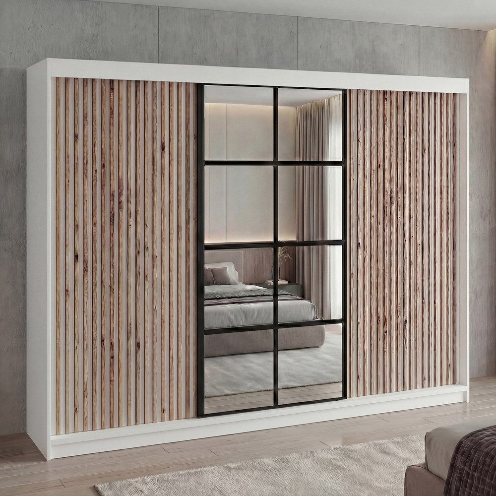 A&J MöbelLand GmbH Schiebetürenschrank NORIVO 200 cm mit 3D-Lamellen und Spiegelfront (TOP ANGEBOT! Geräumiger Schrank mit einer Breite von 200 cm ideal zur Aufbewahrung von Kleidung und Accessoires. Wählen Sie das ideale Modell für Ihr Schlafzimmer!, TOP PRODUKT)