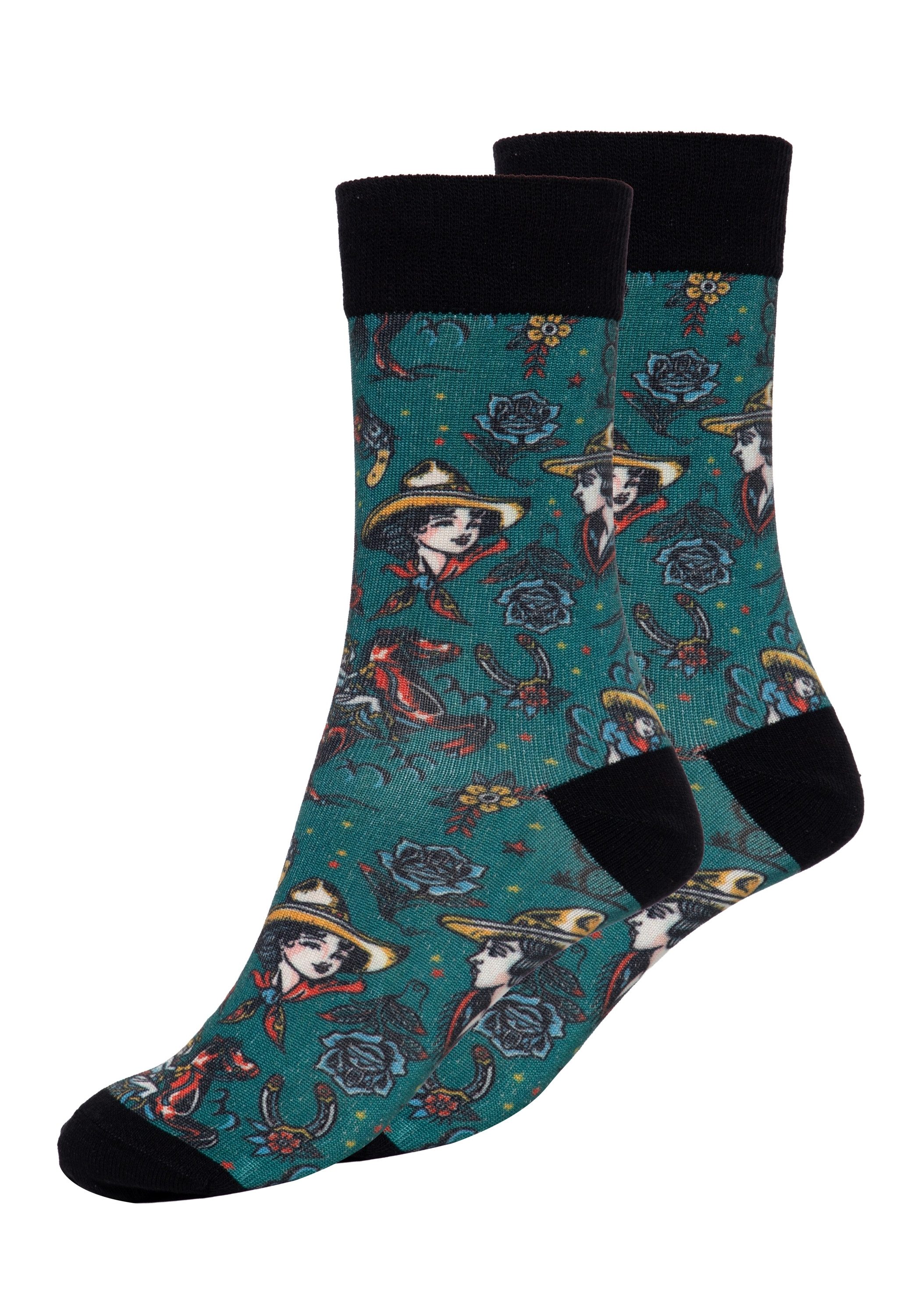 KingKerosin Socken Cowgirl mit Western Tattoo-Motiven