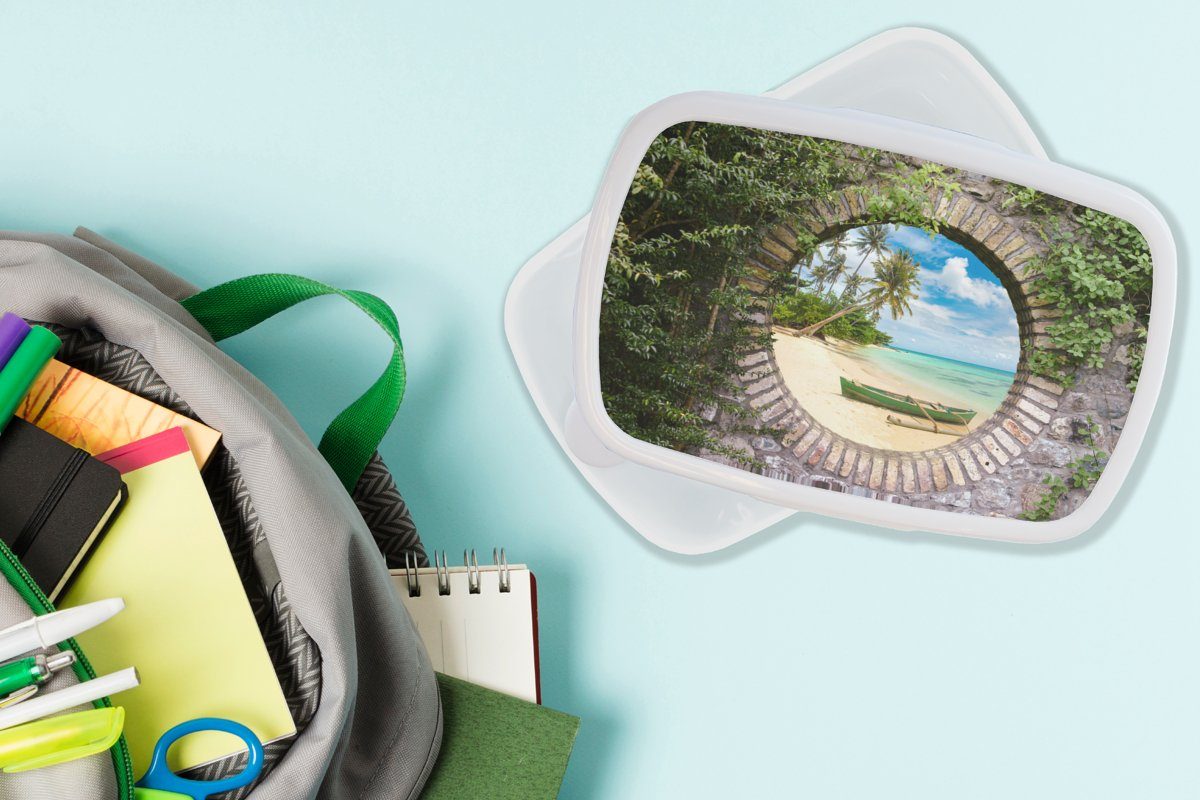 MuchoWow Lunchbox für für und Mädchen weiß Kunststoff, - Strand Erwachsene, Brotbox (2-tlg), Jungs Aussicht Kinder Palme - Brotdose, - und Kanu