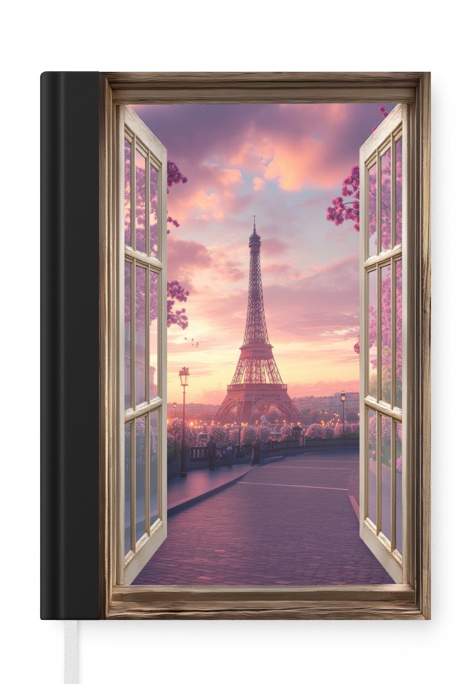 MuchoWow Notizbuch Fensterblick - Fenster - Paris - Eiffelturm - Rosa - Kirschblüte, Notebook, Notizblock a5, Tagebuch, Journal Liniert