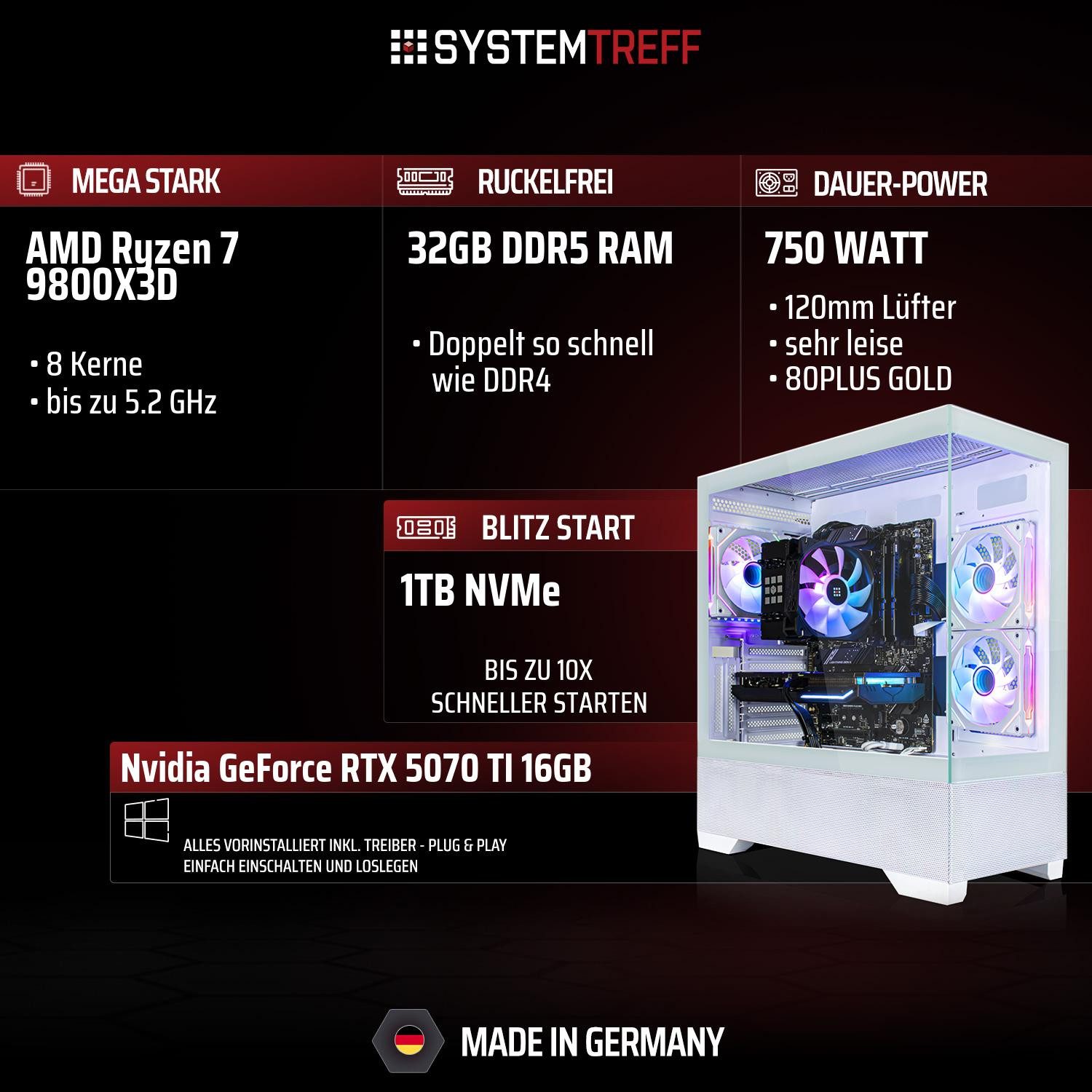 SYSTEMTREFF AMD Ryzen 7 9800X3D mit Nvidia GeForce RTX 5070 TI 16GB Gaming-PC (AMD 9800X3D 9800X3D, Nvidia GeForce RTX 5070 Ti, 32 GB RAM, 1000 GB SSD, Luftkühlung)