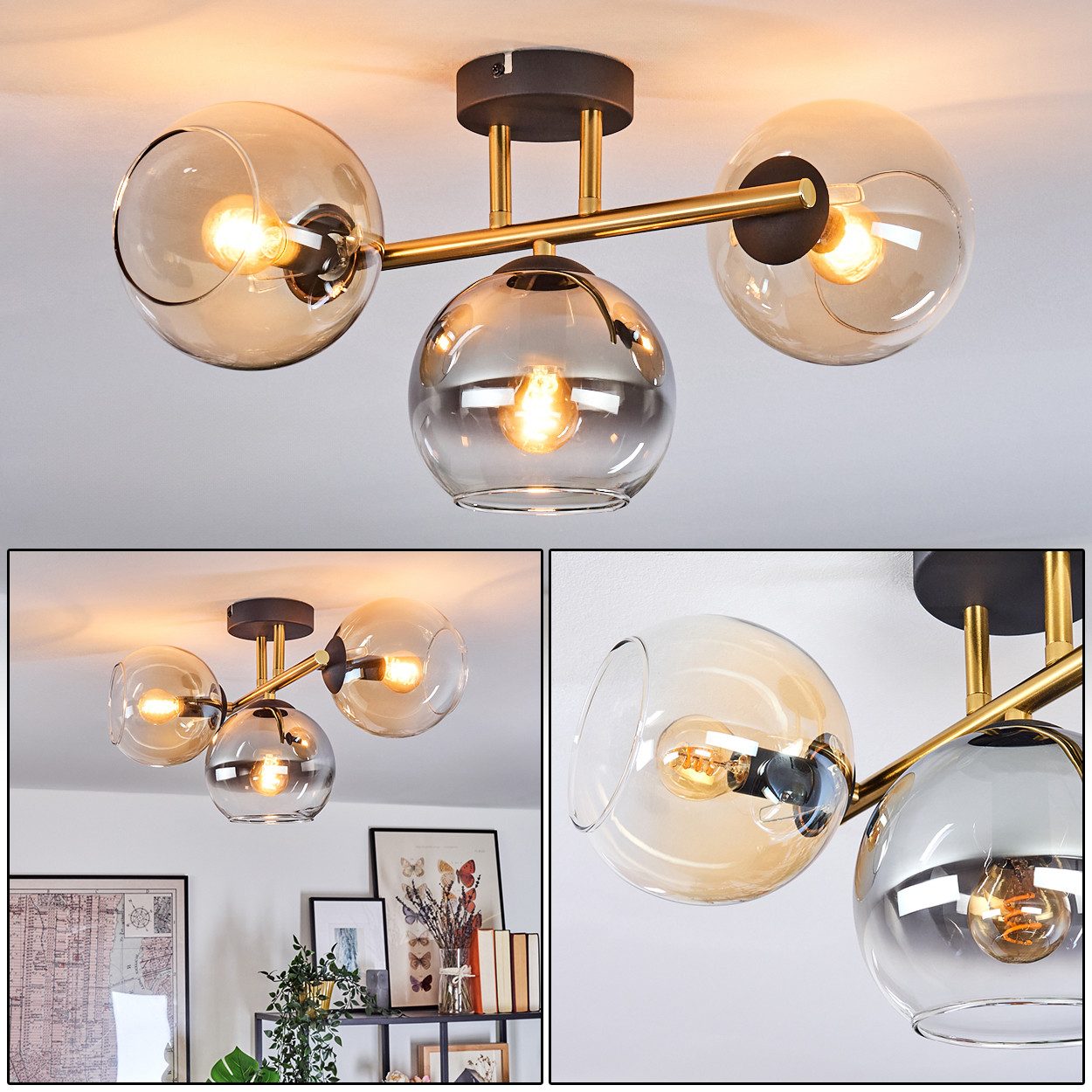 Stehlampe Deckenlampe aus Metall/Glas in Schwarz/Gold/Rauch/Bernstein/Klar