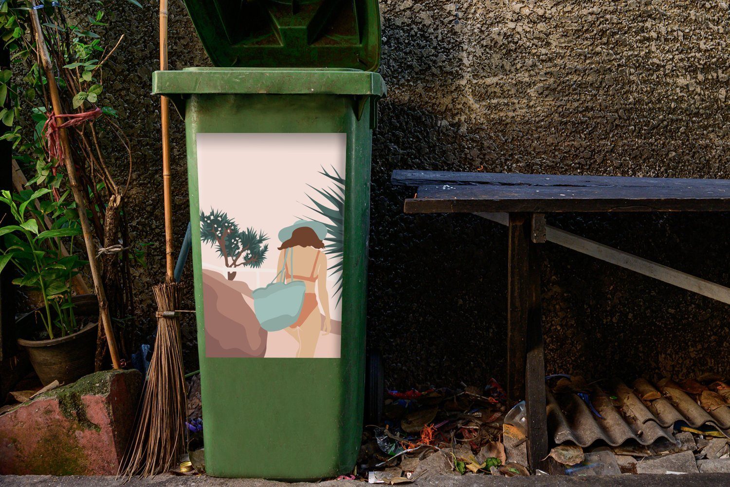 Mülltonne, Frau Container, MuchoWow Mülleimer-aufkleber, Wandsticker Abfalbehälter - Sticker, (1 Sommer Strand - St),