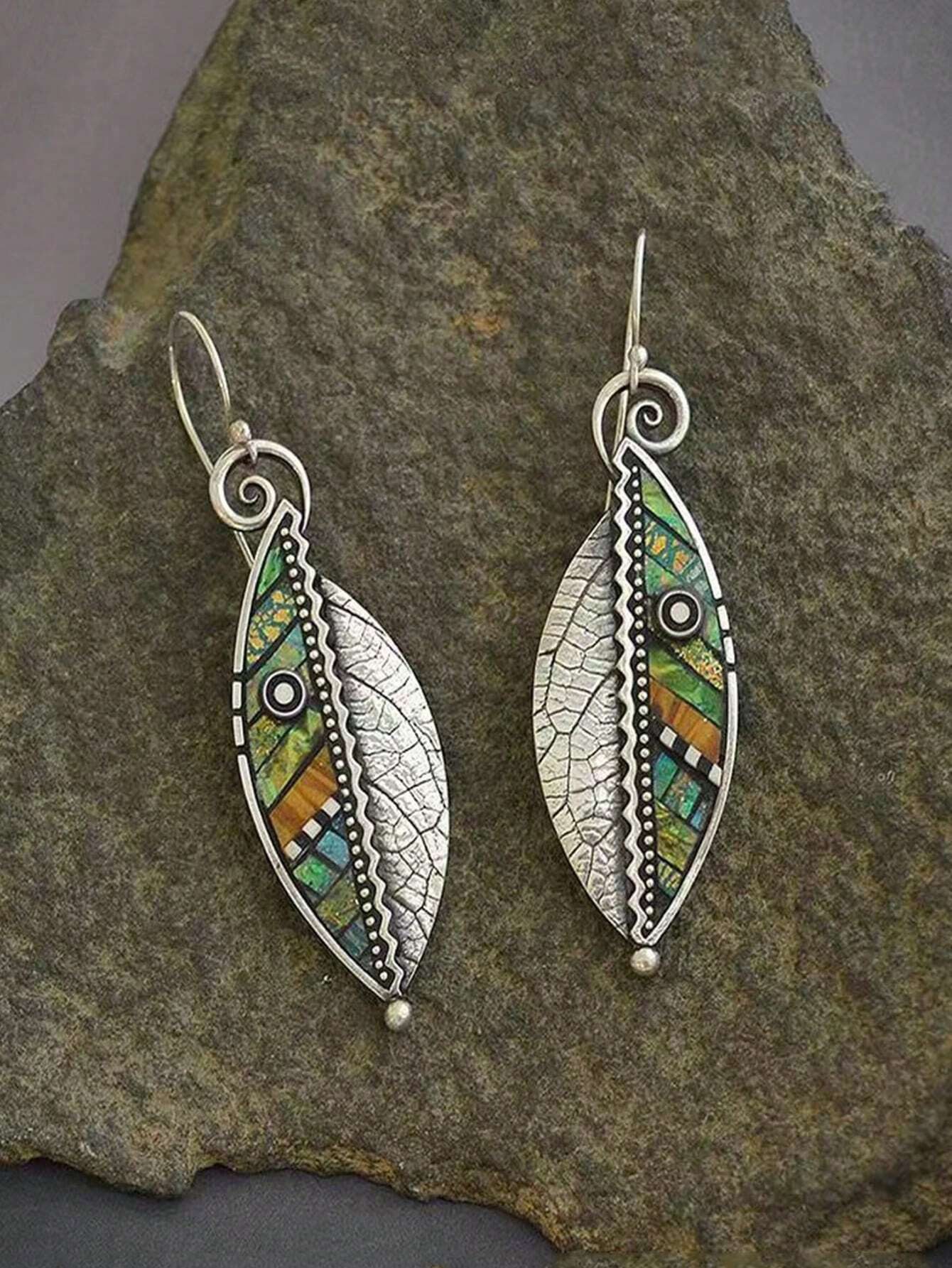 The Beauty House Ohrring-Set Damen Ohrringe Ethno Stil – Handgemacht mit Mosaik & Silber-Optik, Boho Tribal Design Vintage Schmuck