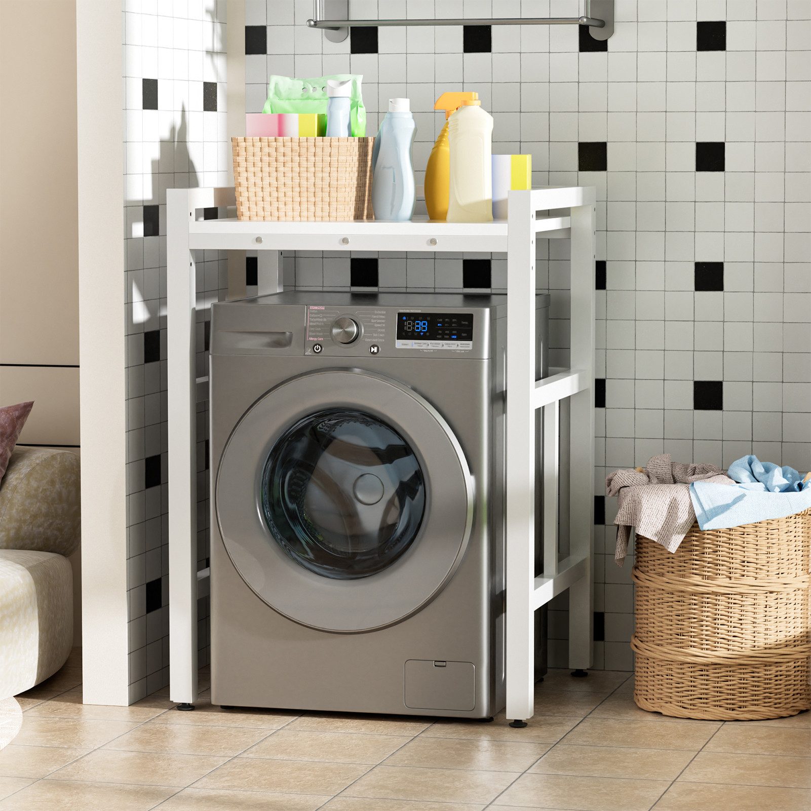 Rutaqian Waschmaschinenunterschrank für Waschmaschine & Wäschetrockner,bis 250kg, 73x63x105cm Weiß Höhenverstellbar Wäschetrocknerständer Regal über Waschmaschine