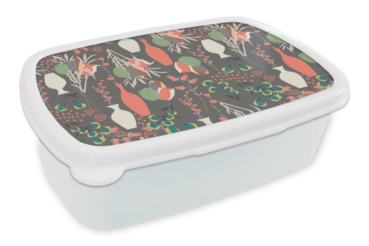 MuchoWow Lunchbox Blumenstrauß - Blumen - Muster, Kunststoff, (2-tlg), Brotbox für Kinder und Erwachsene, Brotdose, für Jungs und Mädchen weiß