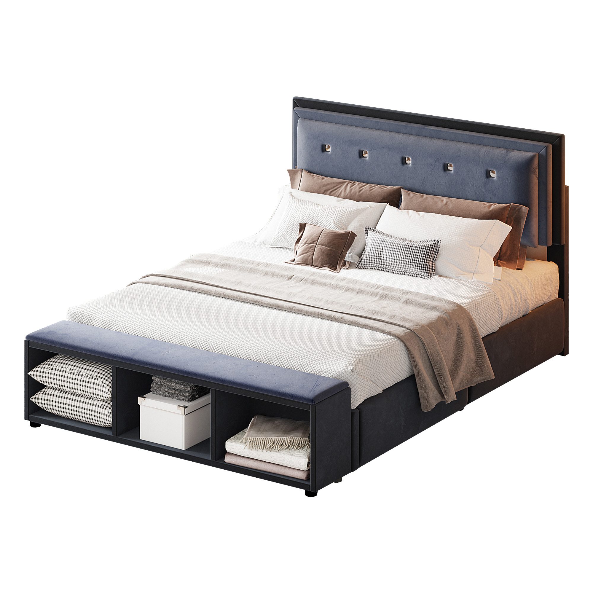 Flieks Polsterbett, Samt Doppelbett 140x200cm mit höhenverstellbarem Kopfteil und Hocker