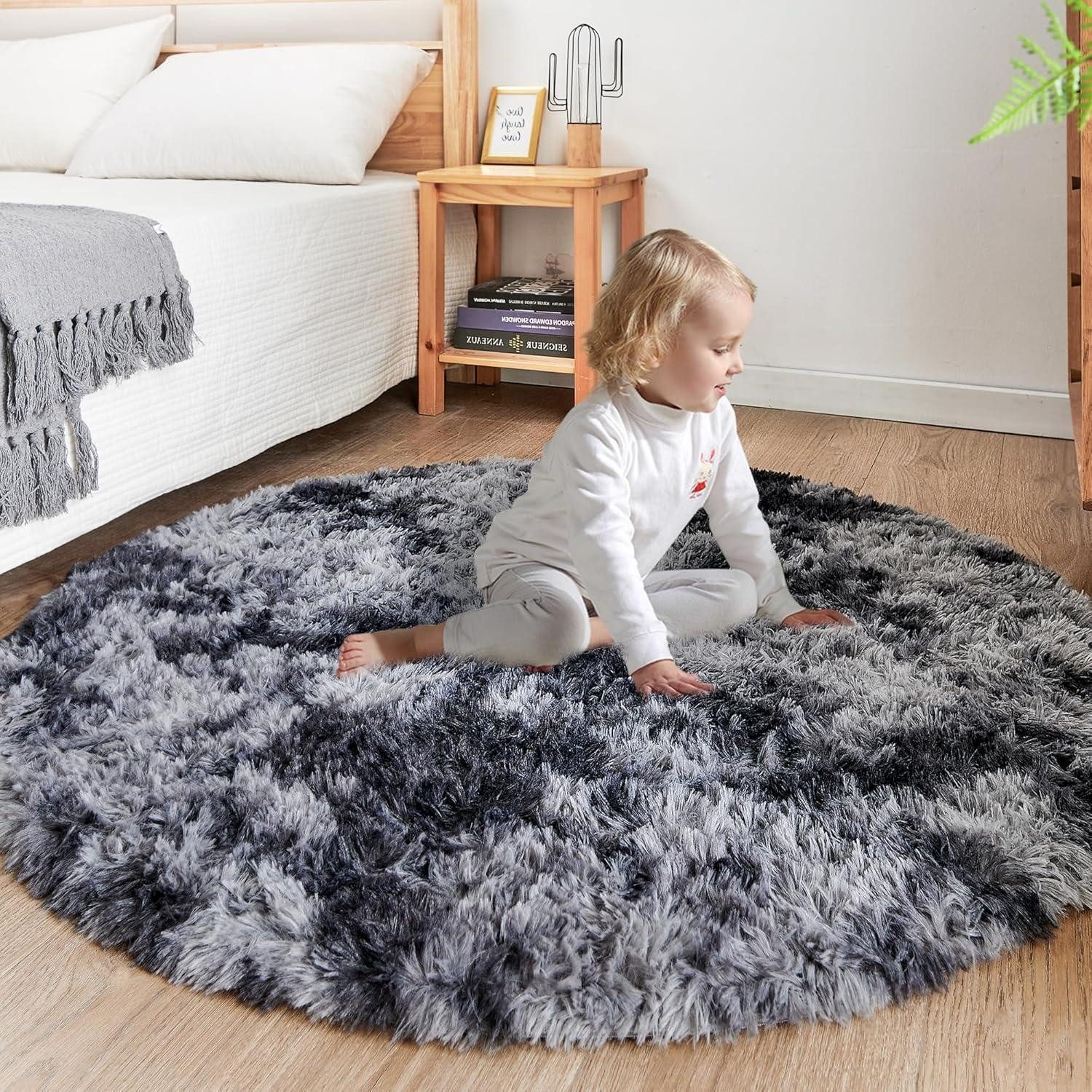 ROHATIM Hochflor-Teppich Plüsch Teppich Rund Dunkelgrau Ø 120 cm Wohnzimmer günstig online kaufen