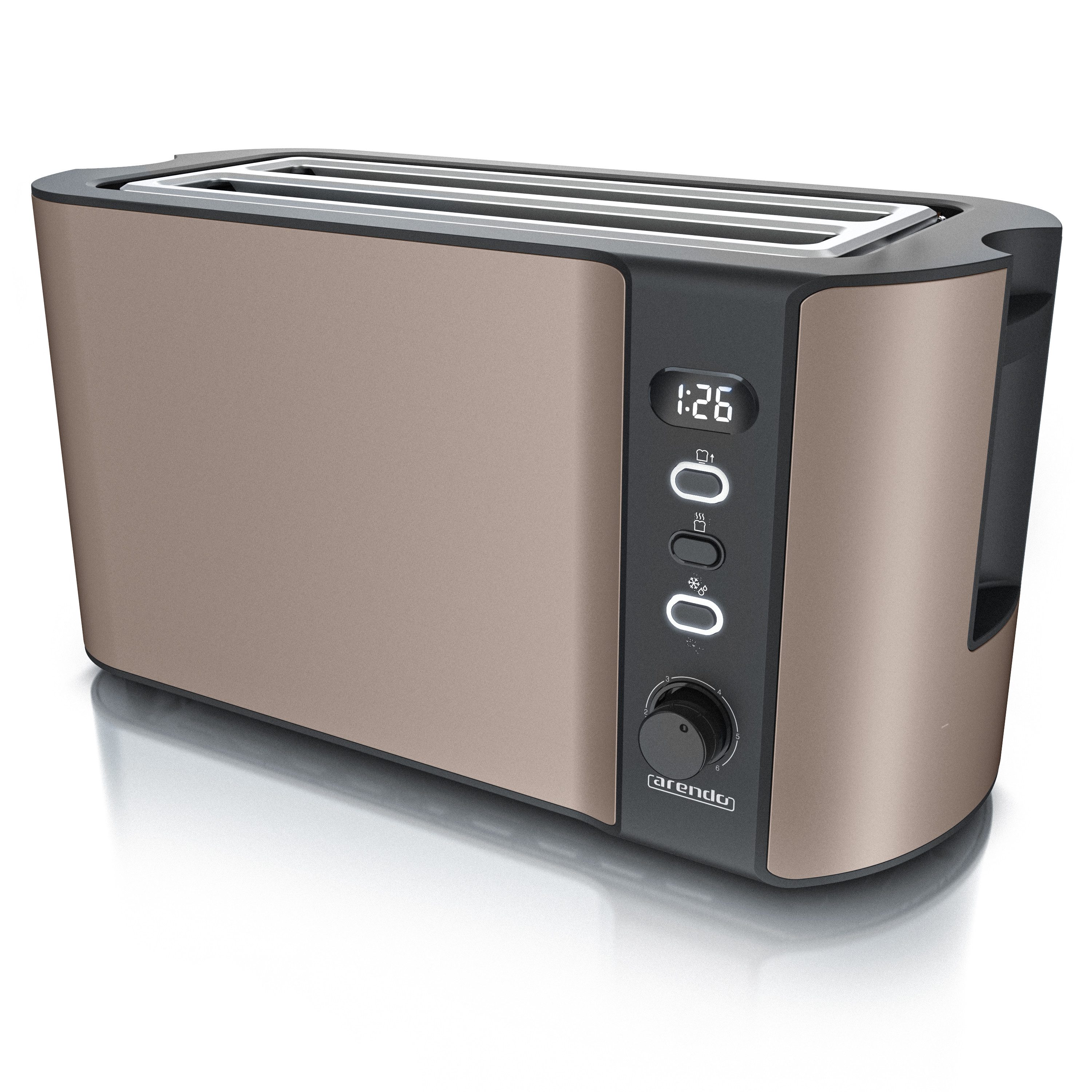 Arendo Toaster Langschlitz, Edelstahl, Display mit Restzeitanzeige, Krümelschublade, 2 lange Schlitze, für 4 Scheiben, 1500 W, Defrost Funktion, Wärmeisolierendes Gehäuse, mit Brötchenaufsatz