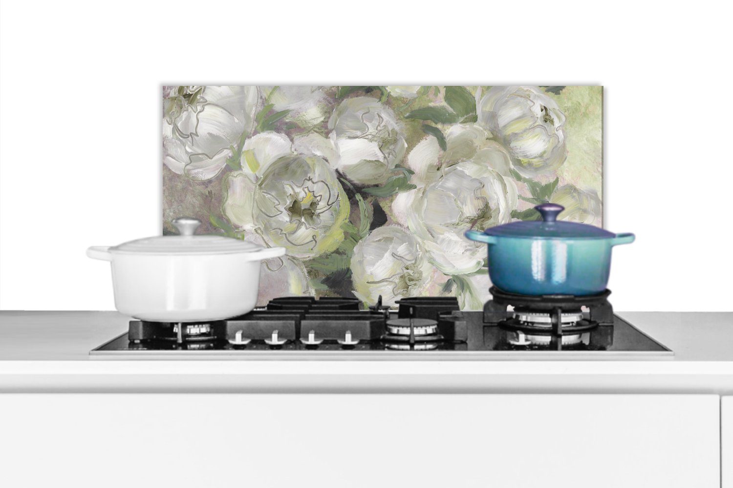 MuchoWow Küchenrückwand Blumen - Pflanzen - Blätter - Weiß, (1-tlg), 60x30 cm, Wandschutz, gegen Fett und Schmutzflecken für Küchen
