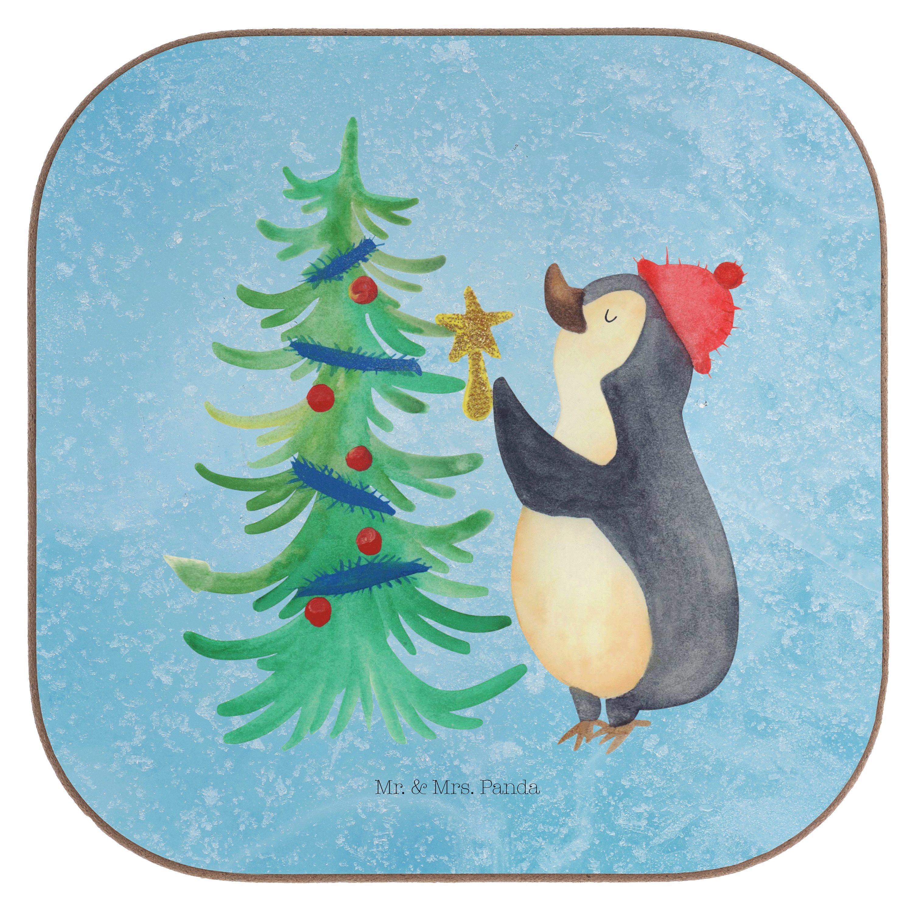 Mr. & Mrs. Panda Getränkeuntersetzer Pinguin Weihnachtsbaum - Eisblau - Geschenk, Untersetzer Gläser, Getr, 1-tlg.