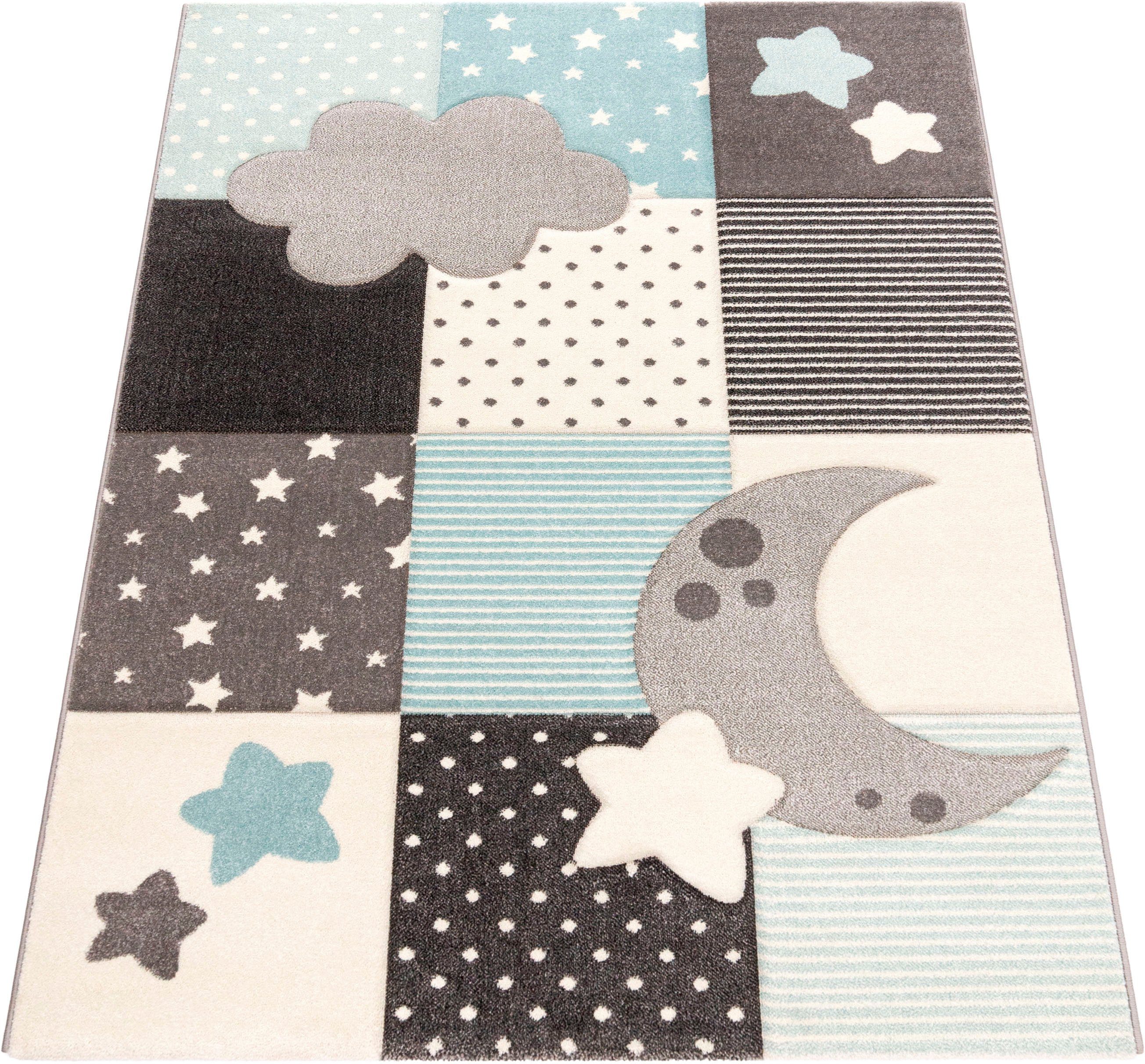 Paco Home Kinderteppich Cosmo 755, rechteckig, Höhe: 18 mm, 3D-Design, Patchwork Muster, Motiv Sterne, Wolken & Punkte, Pastell