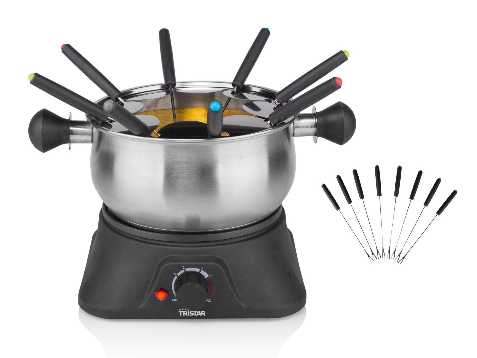 Tristar Elektro-Fondue, 8 Fonduegabeln, für Personen Fonduetopf l, Saucenring Käsefondue auch 1.3 Set mit 2-8