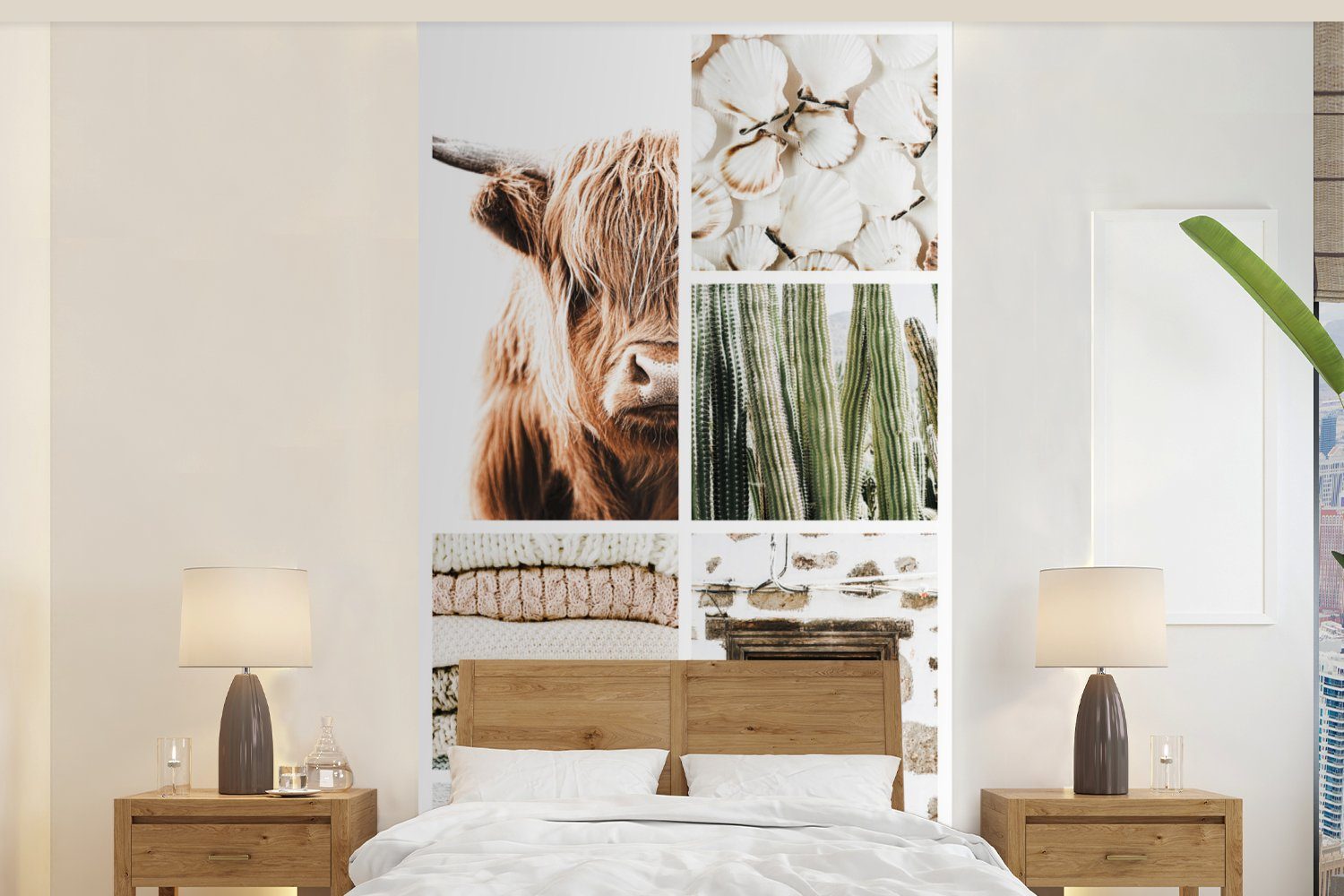 MuchoWow Fototapete Schottischer Highlander - Collage - Kaktus, Matt, bedruckt, (2 St), Vliestapete für Wohnzimmer Schlafzimmer Küche, Fototapete