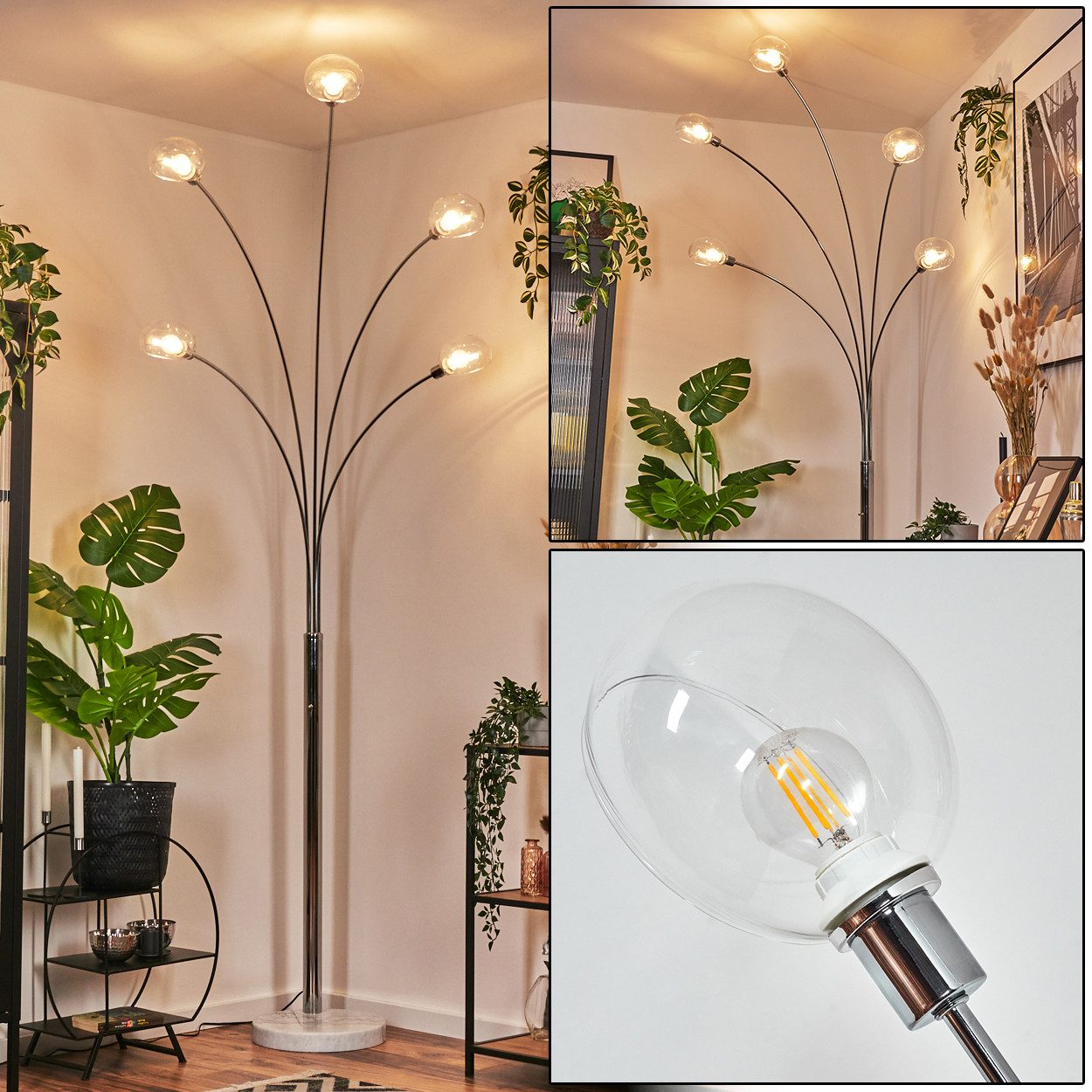 hofstein Stehlampe Stehlampe aus Metall in Weiß/Chromfarben/Klar, Retro/Vintage-Design, ohne Leuchtmittel, Stehleuchte verstellbar mit Marmorfuß und Schalter am Gehäuse, E14