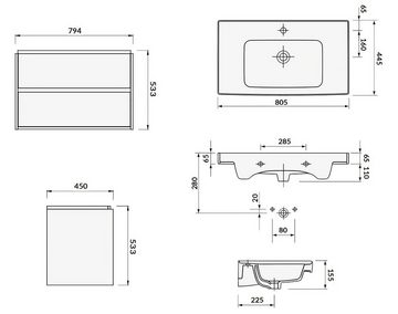 KOLMAN Waschbeckenunterschrank Badmöbel Set CREA 80 Badezimmerschrank mit Schubladen & Keramikwaschbecken