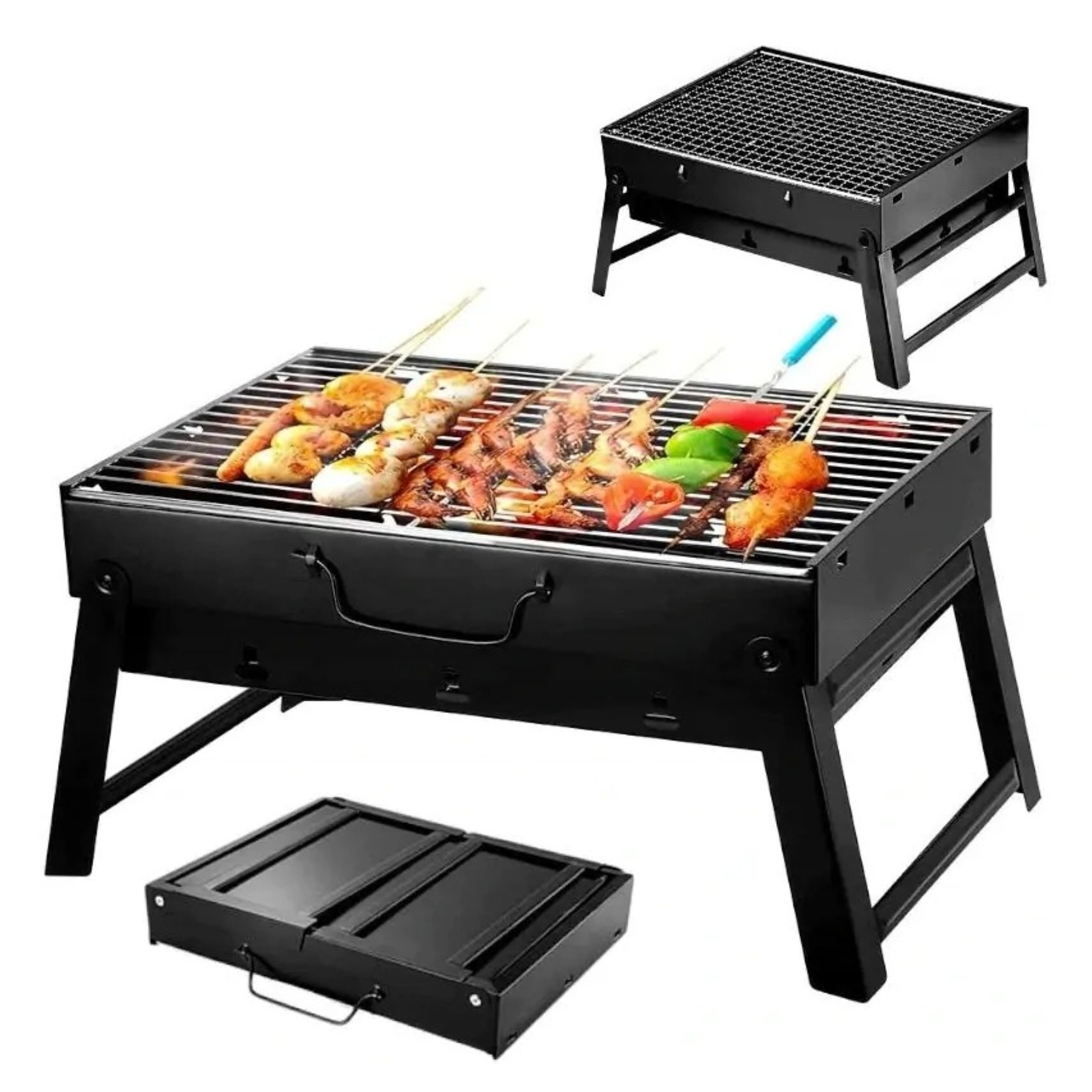 Ideal Cook Holzkohlegrill Tragbarer Holzkohlegrill faltbar Campinggrill Koffergrill Outdoor BBQ, Faltbarer Campinggrill Koffergrill Outdoor BBQ Set kompakt tragbar, Tragbarer Holzkohlegrill im Koffer mit Grillrost und Holzkohlerost, Holzkohlegrill tragbar Campinggrill Koffergrill kompakt Outdoor