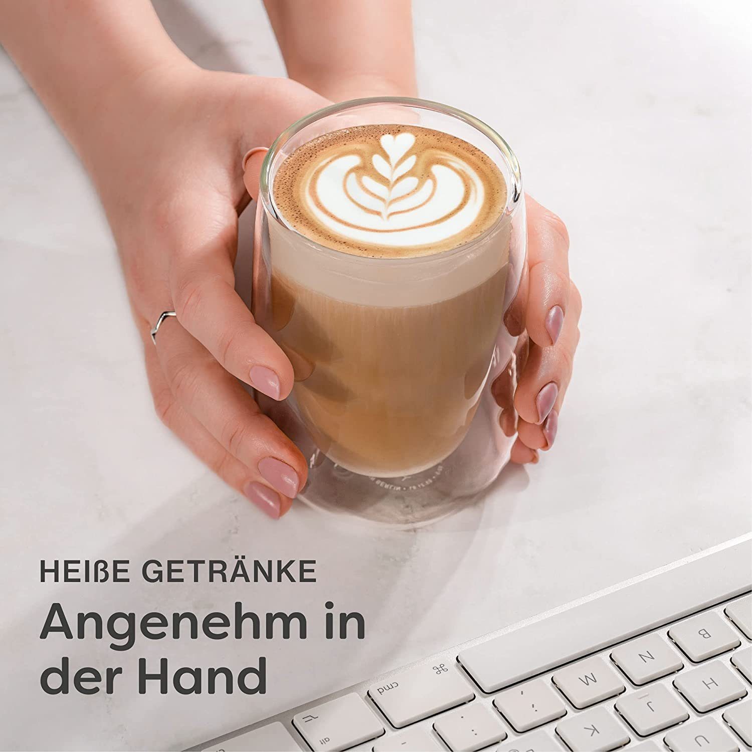 Cosumy Gläser-Set 4 doppelwandige Cappuccino Thermogläser 250ml - Halt die Temperatur, 4-tlg., Glas, Cappuccino Thermogläser - für Heiß- und Kaltgetränke
