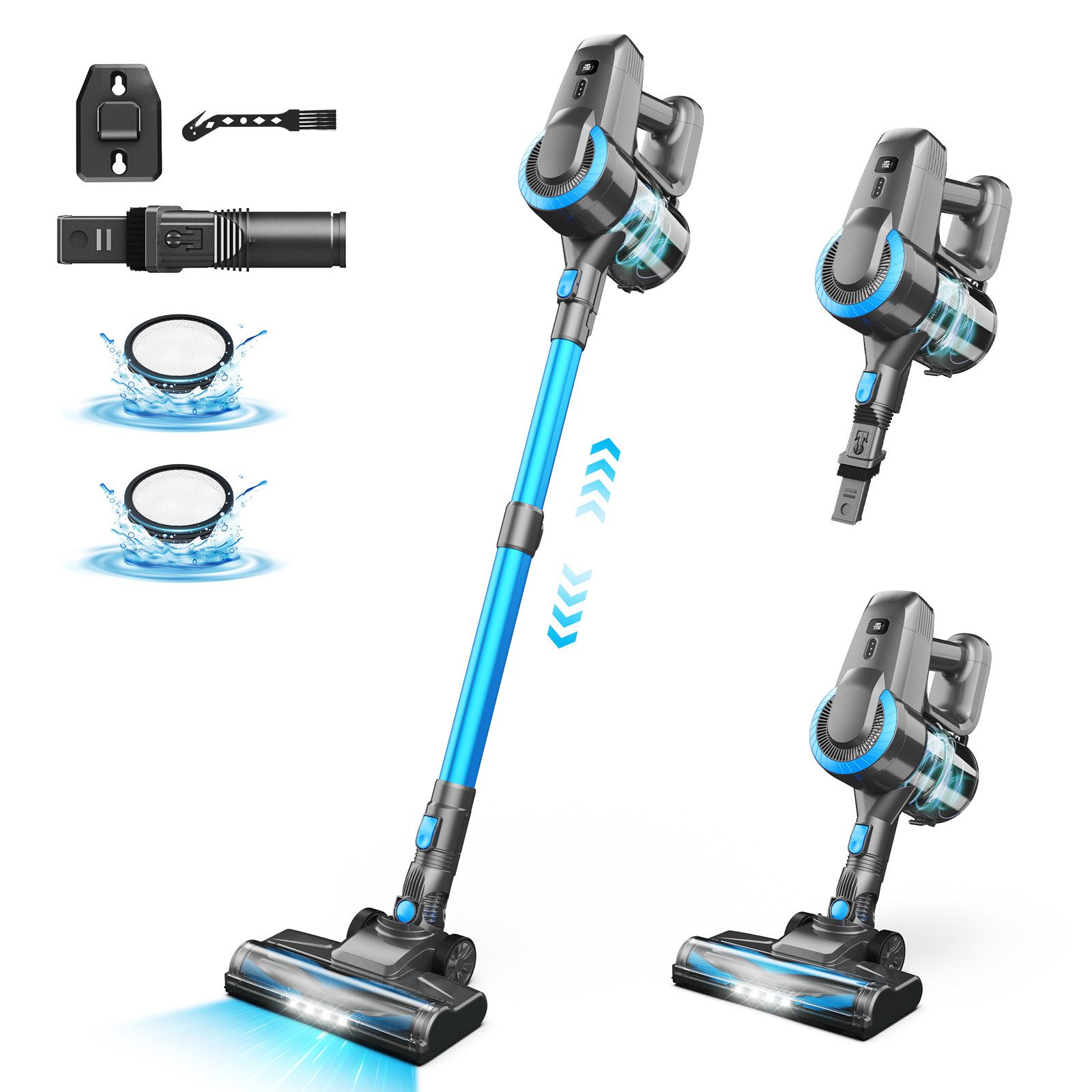 INSE Akku-Hand-und Stielstaubsauger N3P Kabelloser Staubsauger Anti-Haarverfilzung V-Bürste mit LED-Licht, 120 W, beutellos, 28KPa Starke Saugkraft, 55Minuten Laufzeit, Großvolumen-Staubbecher