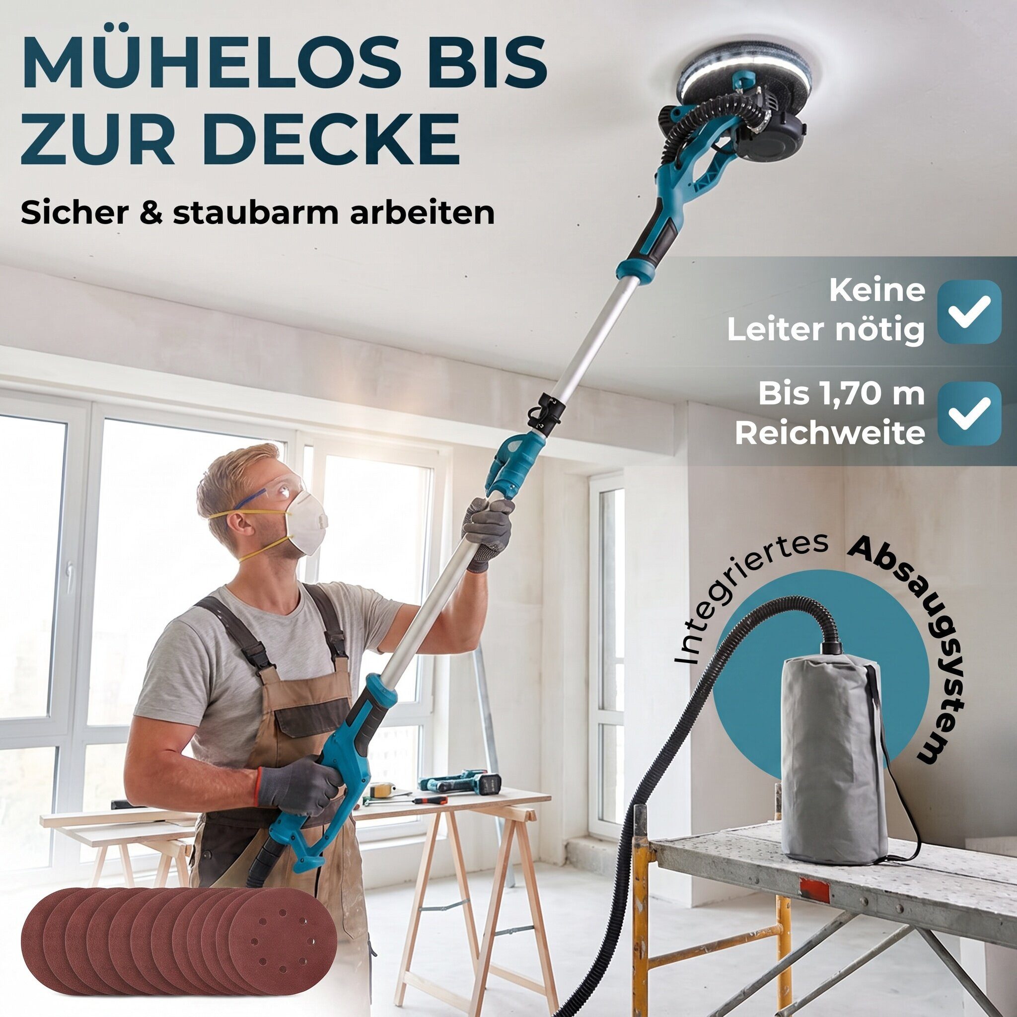 oyajia Trockenbauschleifer Wand und Deckenschleifer 1250W Elektroschleifer mit 12 Schleifscheiben, max. 2800 U/min, 7 variablen, ausziehbarem Griff, LED-Beleuchtung, langem Staubschlauch