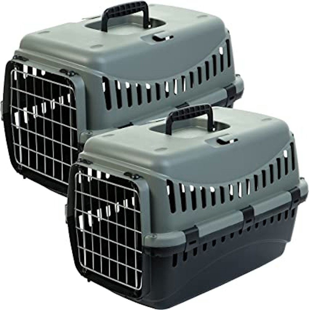 Centi Tiertransportbox Katzentransportbox 30×44 x30 cm, grau, aus Kunststoff mit Metallgitter, mit abnehmbaren Deckel
