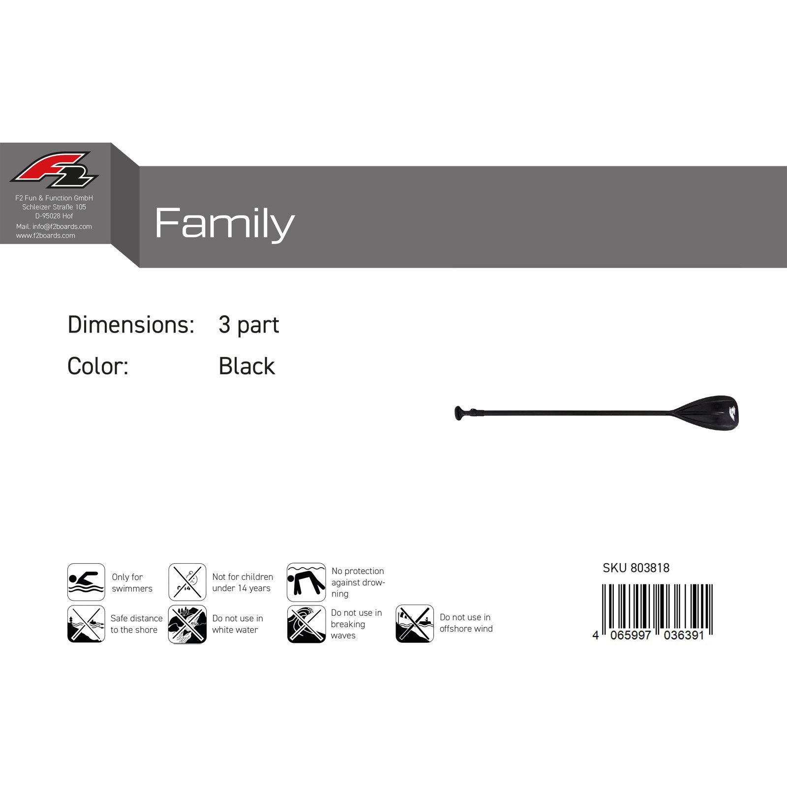 F2 F2 SUP Paddel Family 3 teilig Schwarz 2024/25 SUP-Paddel