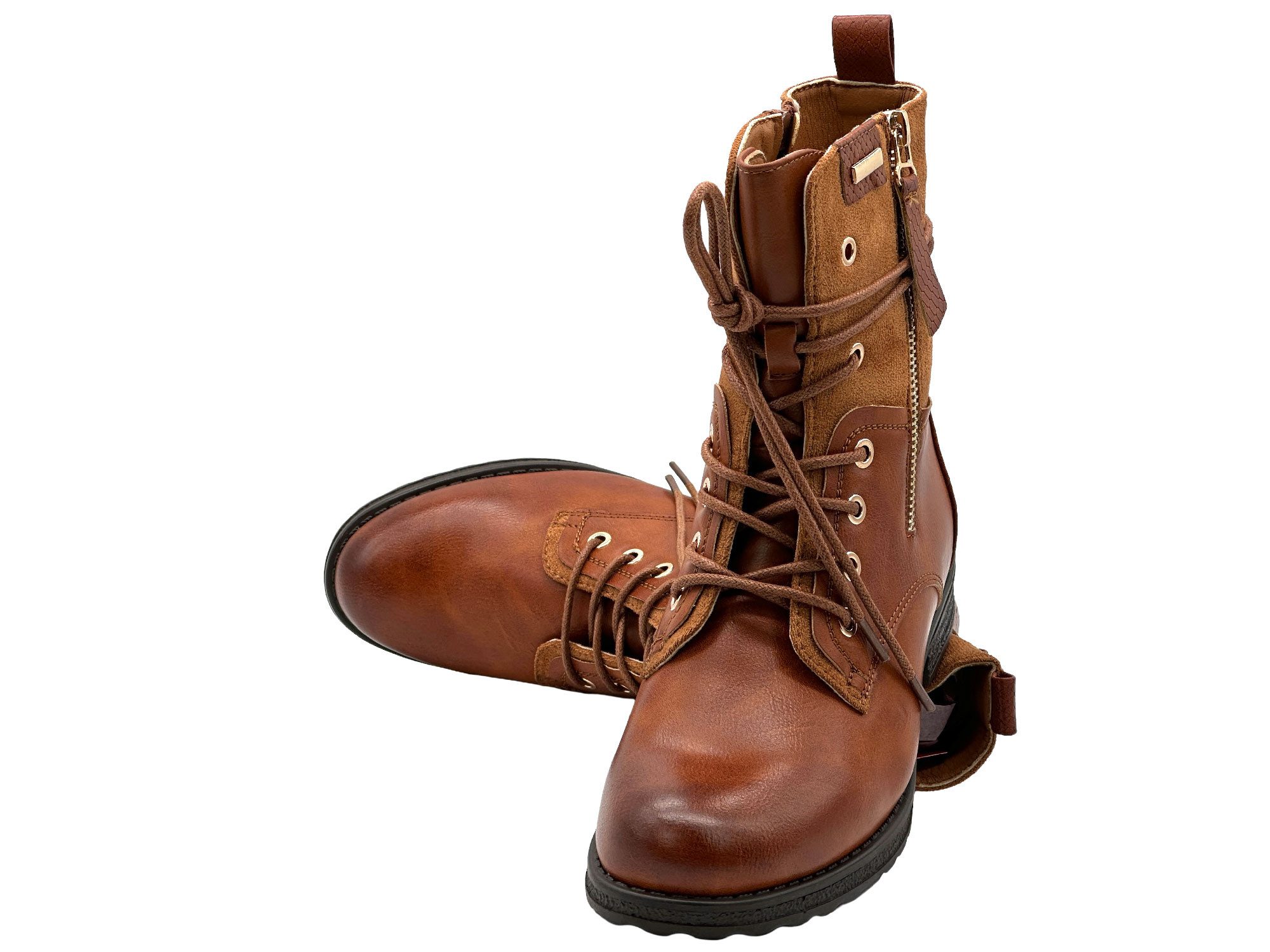Nowaland Casual Damen Boots mit Warmfutter und Reißverschluss Stiefelette Dekorative Schnürung und kuscheliges Warmfutter
