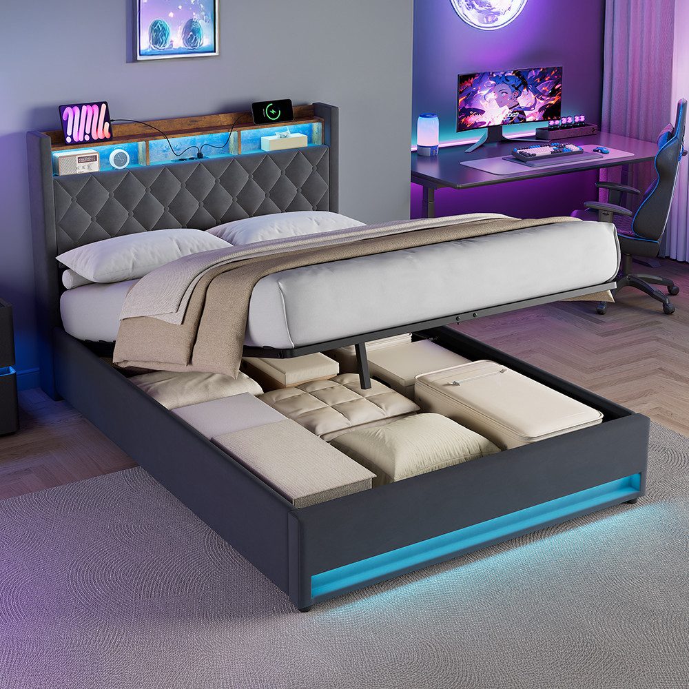 REDOM Polsterbett mit Premium-Samt – Stabil, Komfortabel, Zeitlos (Robuster Holz-Eisen-Rahmen • Atmungsaktiver Schaum • Inklusive Lattenrost, 1-tlg), Mit LED-Lichtleiste und USB-Aufladung