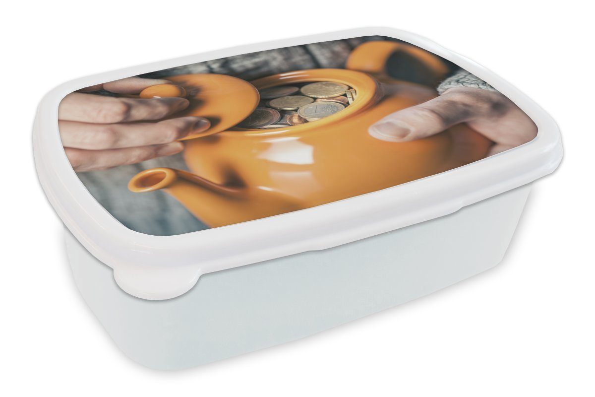 MuchoWow Lunchbox Orangefarbene Teekanne gefüllt mit Münzen, Kunststoff, (2-tlg), Brotbox für Kinder und Erwachsene, Brotdose, für Jungs und Mädchen weiß