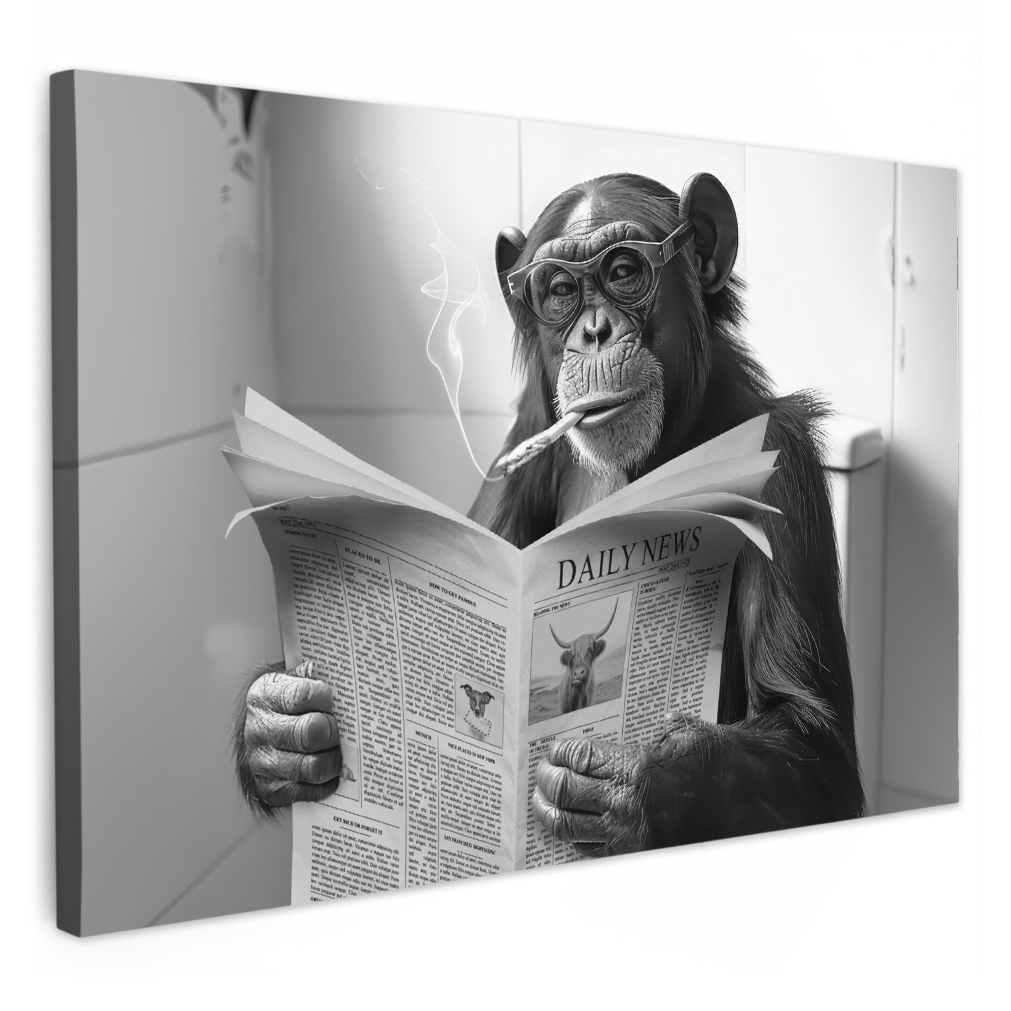 OneMillionCanvasses® Leinwandbild Schimpanse - Affe - Zeitung - Toilette - günstig online kaufen
