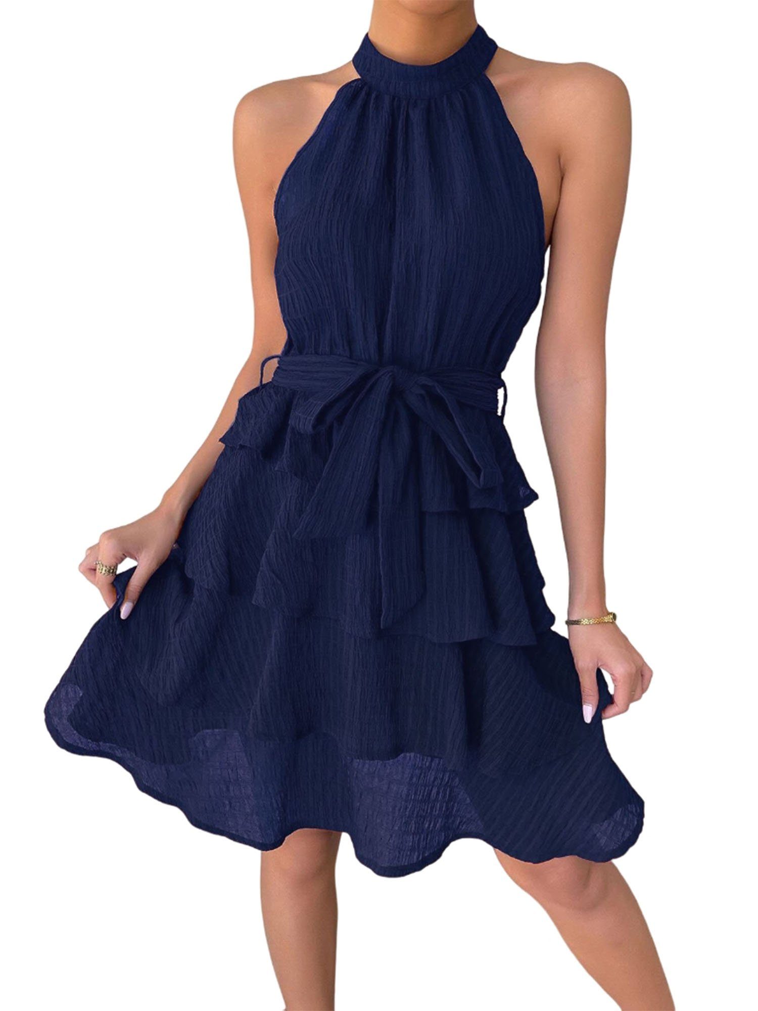 PYL A-Linien-Kleid Damen Ärmellos A-Linien-Kleid mit Gürtel,Flauschiges  Kleid 34-40Größe