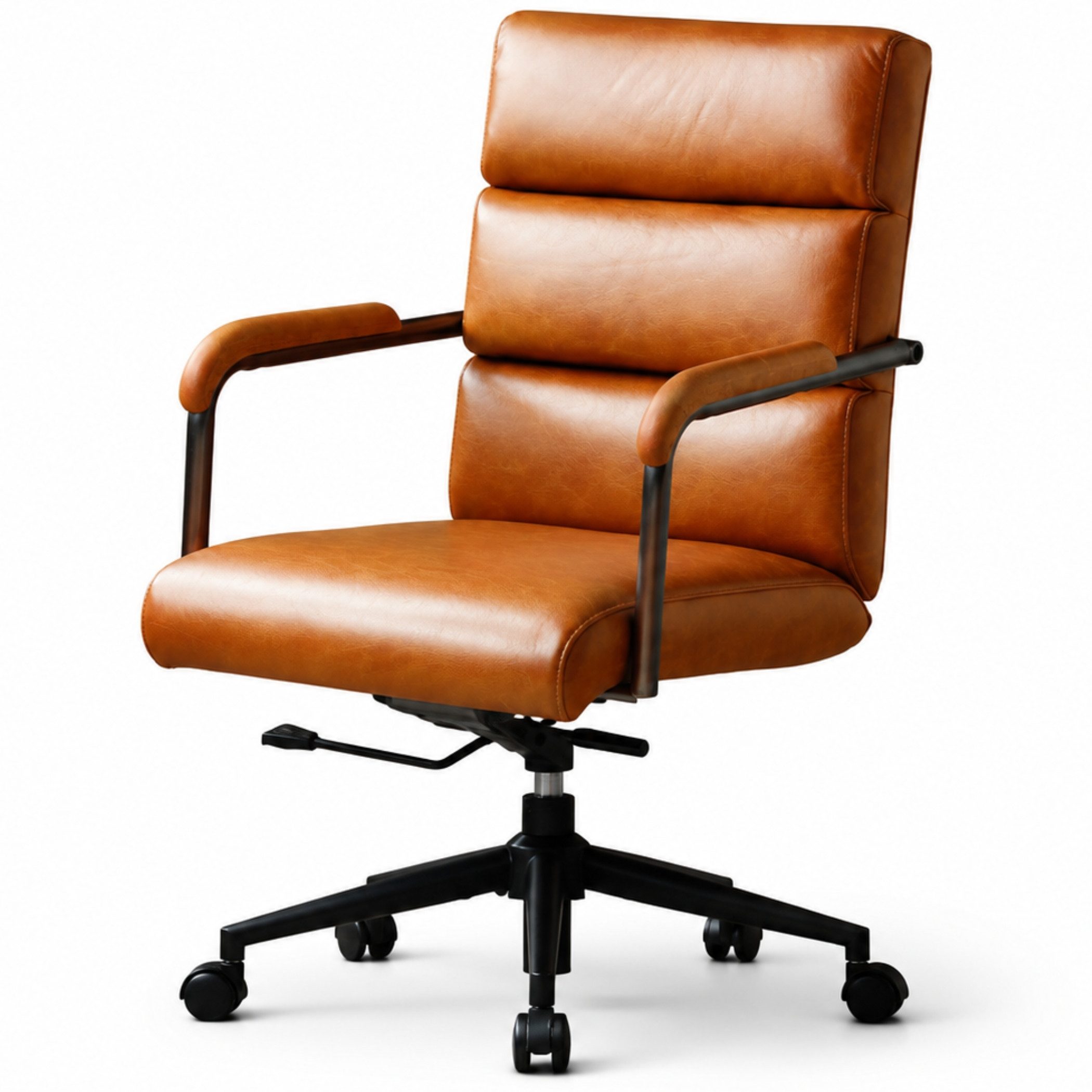 SeedWave Bürostuhl Lederbezug Chefsessel mit Holz-Armlehnen, Drehstuhl mit Wippfunktion, Industrial-Stil, bis 136kg belastbar, mit leisen Rollen
