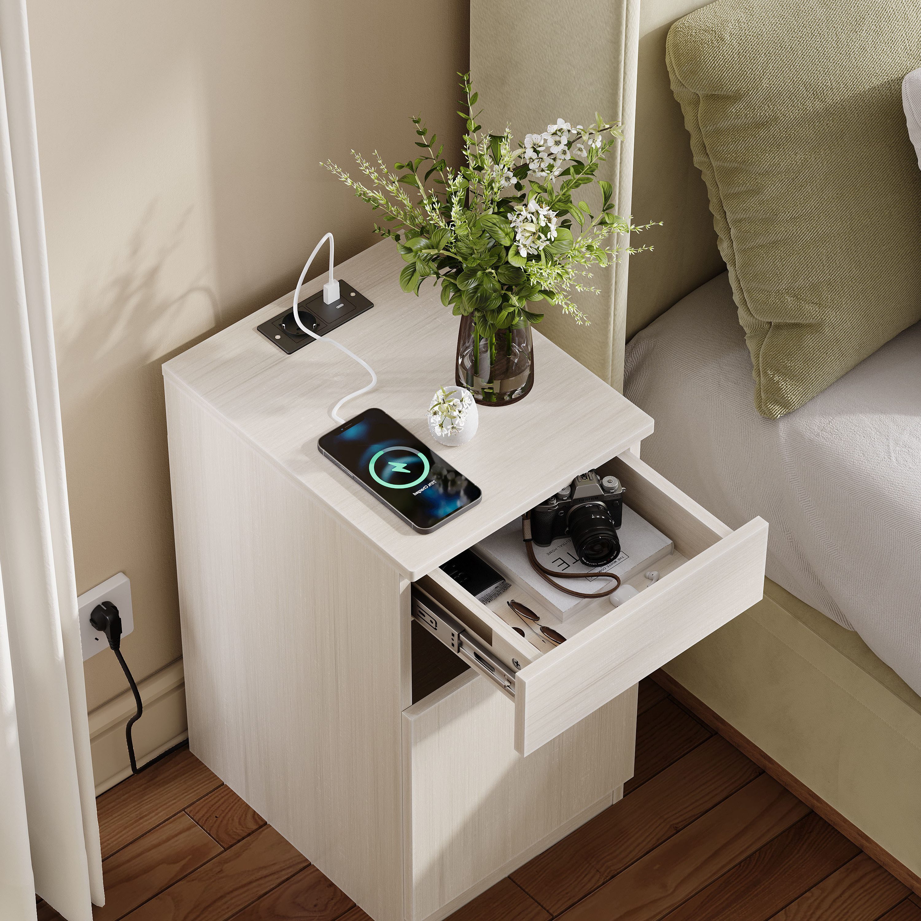 REDOM Nachttisch USB-Ports & Steckdose, mit Schublade, praktischer Stauraum (Packung, 1-St., 33x40x61,5 cm Nachtkonsole in Walnuss-Optik mit integriertem Mülleimer), Vielseitig als Nachttisch, Beistelltisch oder Kopfteilablage nutzbar