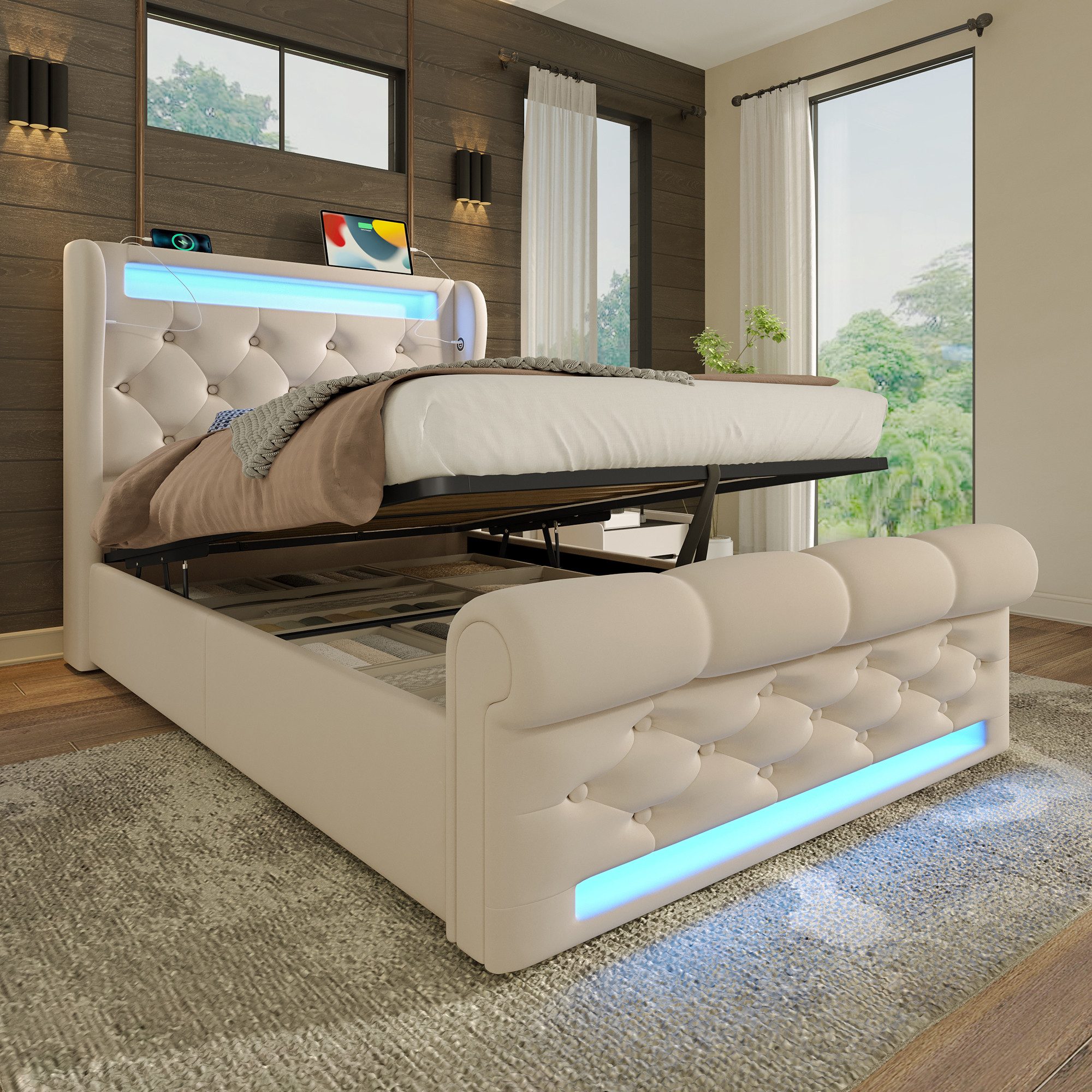 TavilaEcon Boxspringbett LED-Leuchten, Stauraum-Kopfteil mit USB- günstig online kaufen
