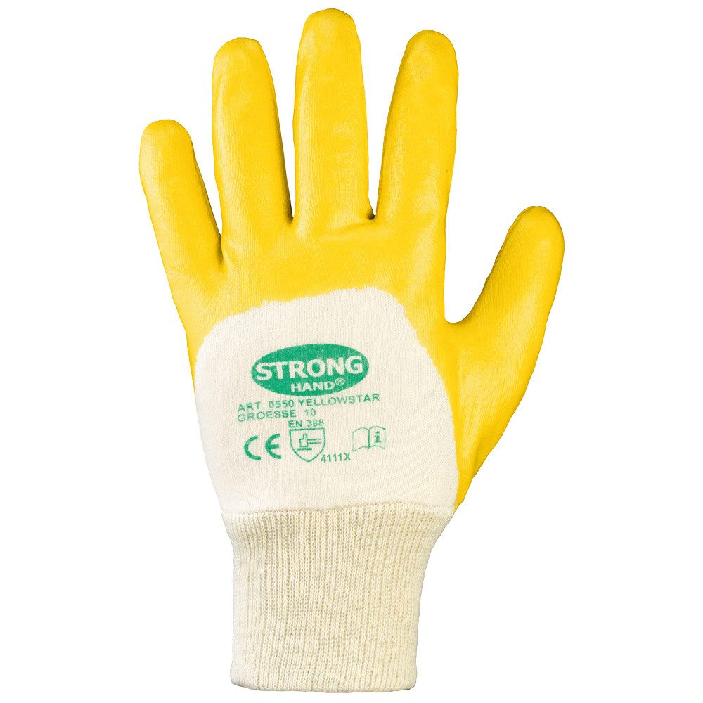Stronghand Nitril-Handschuhe Nitrilhandschuh YellowStar 0550 (Packung, VPE=12 Paar, Gr 7-11) teilbeschichtet/Nitril- Strickbund