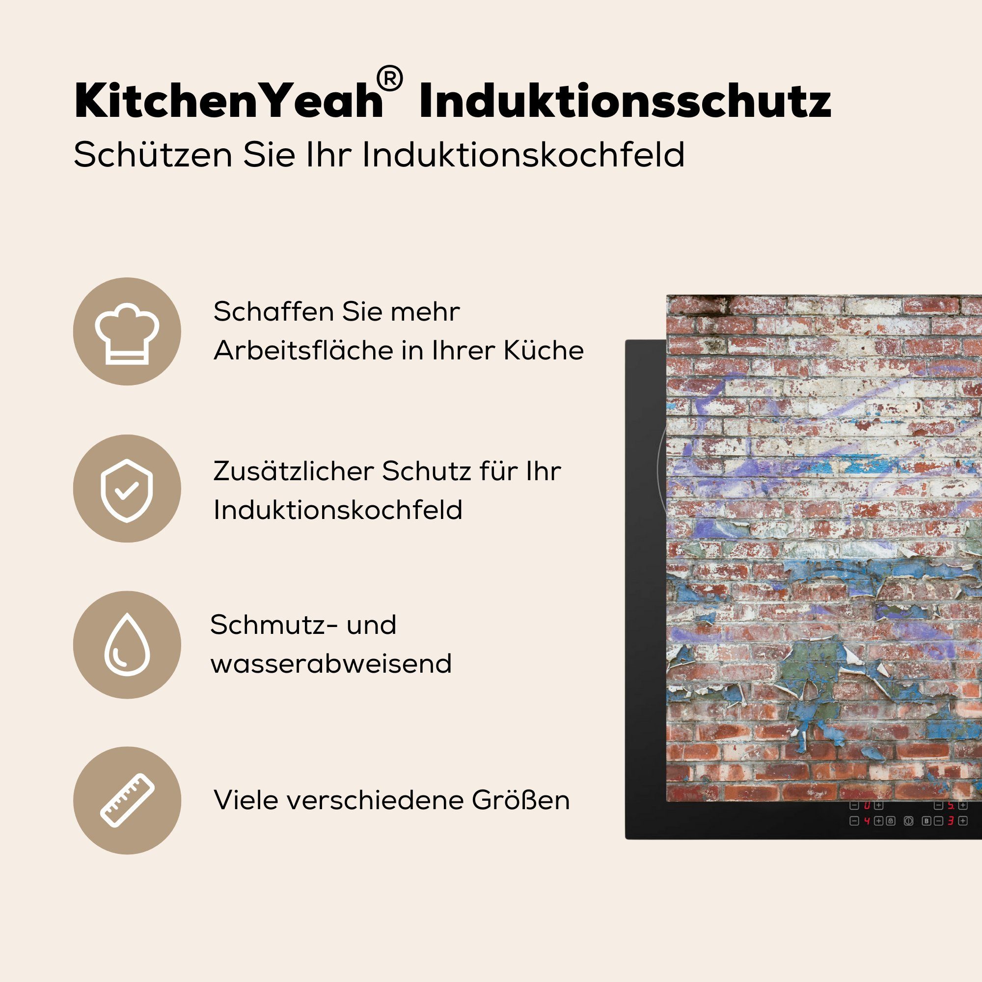 MuchoWow Herdblende-/Abdeckplatte Backstein - küche, Schutz Straßenkunst Wand, 81x52 die Induktionskochfeld cm, für Vinyl, (1 tlg), - Ceranfeldabdeckung