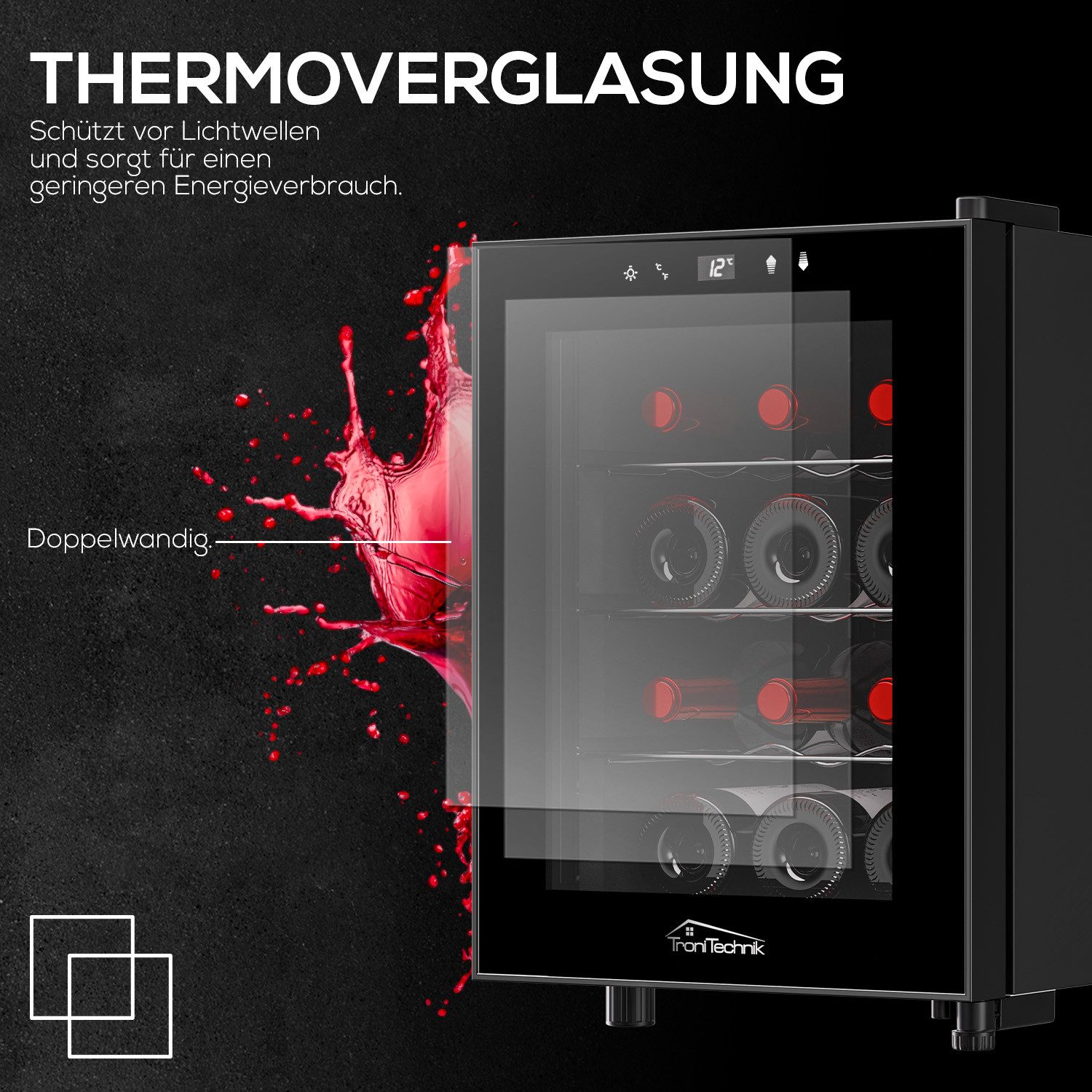 TroniTechnik Weinkühlschrank Bordeaux mit 31 Liter Fassungsvolumen für 12 Flaschen,Temperatur von 5°C bis 18°C, mit LED – Bild 5 von 5
