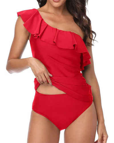 B.X Badekleid Damen Sommer-Bikini mit hoher Taille Badekleid, Einteiler-Badeanzug Sexy einteiliger einfarbiger Badeanzug mit Falten und undichtem Rücken