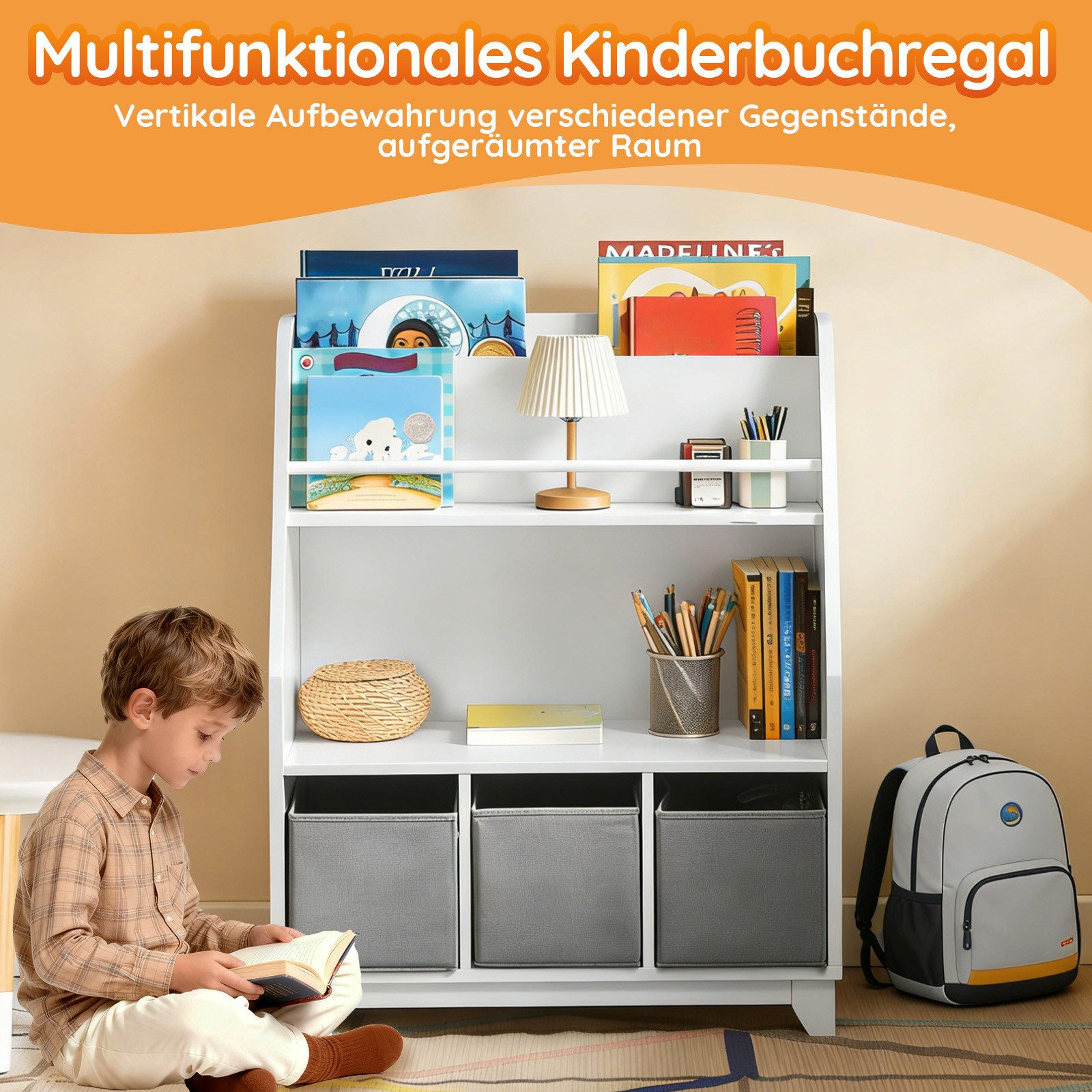 SoBuy Bücherregal KMB34, Kinderregal mit Ablagefächern und 3 Boxen Spielzeu günstig online kaufen